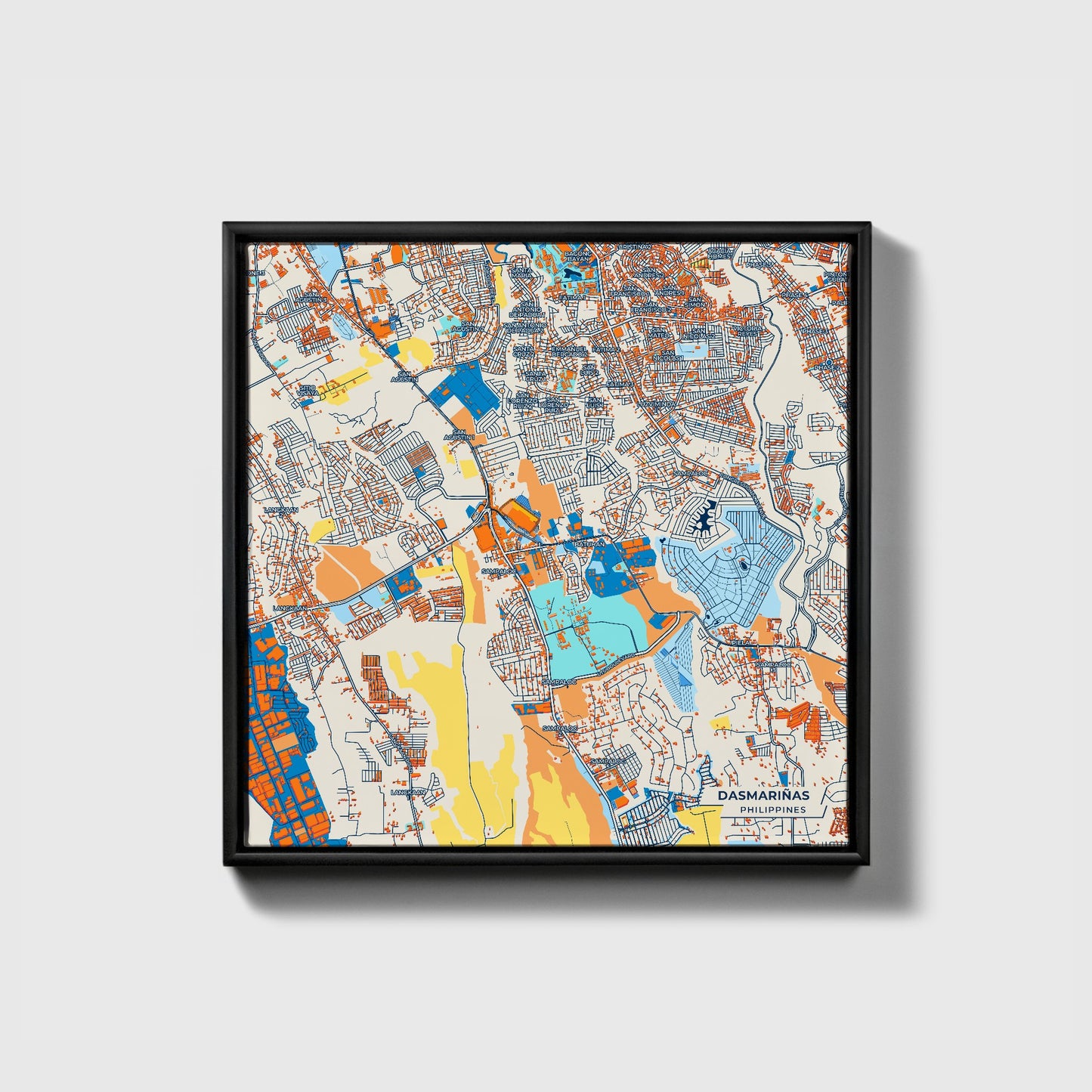 Dasmariñas Philippines Colorful City Map Canvas Print • Black Framed