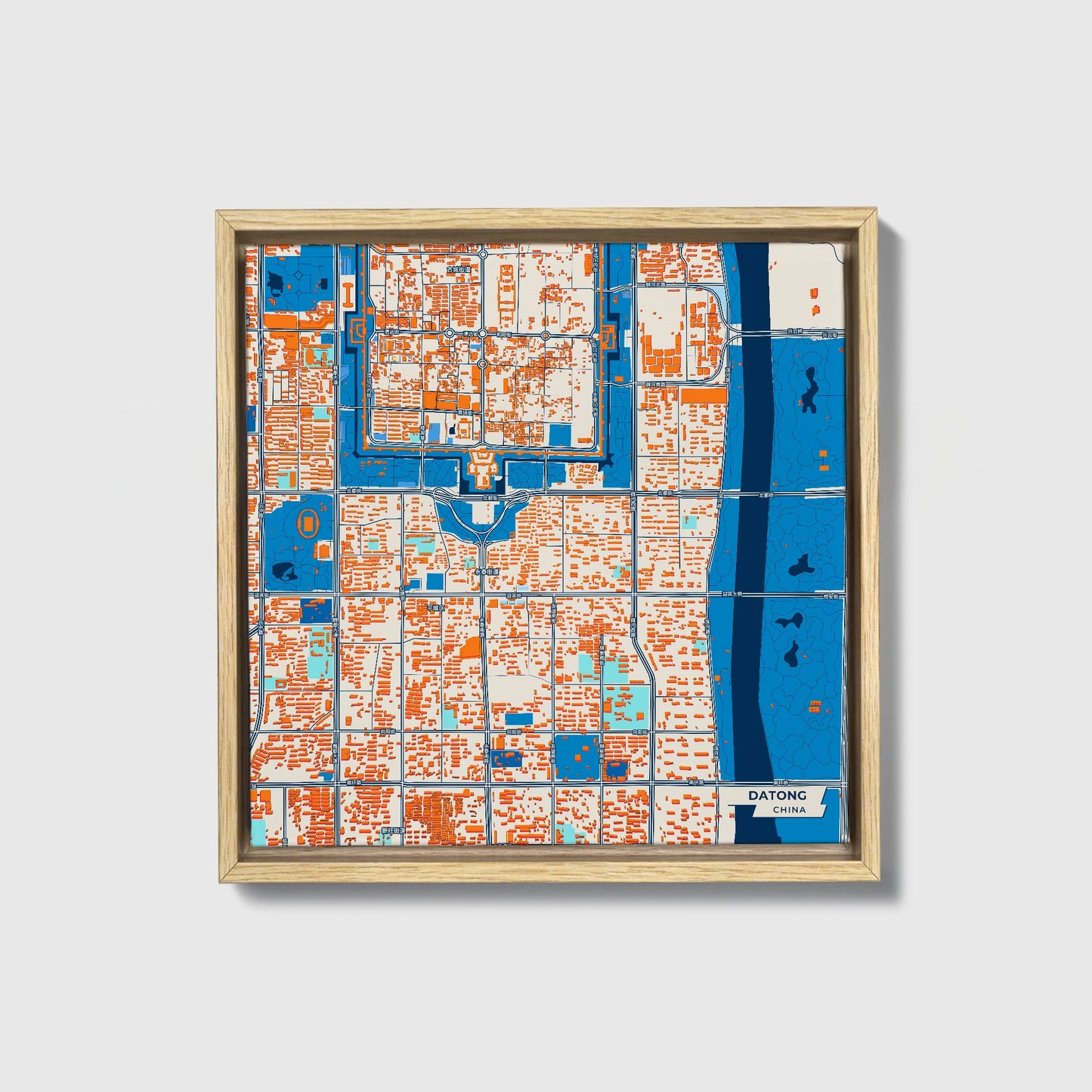 Datong China Colorful City Map Canvas Print • Natural Wooden Framed