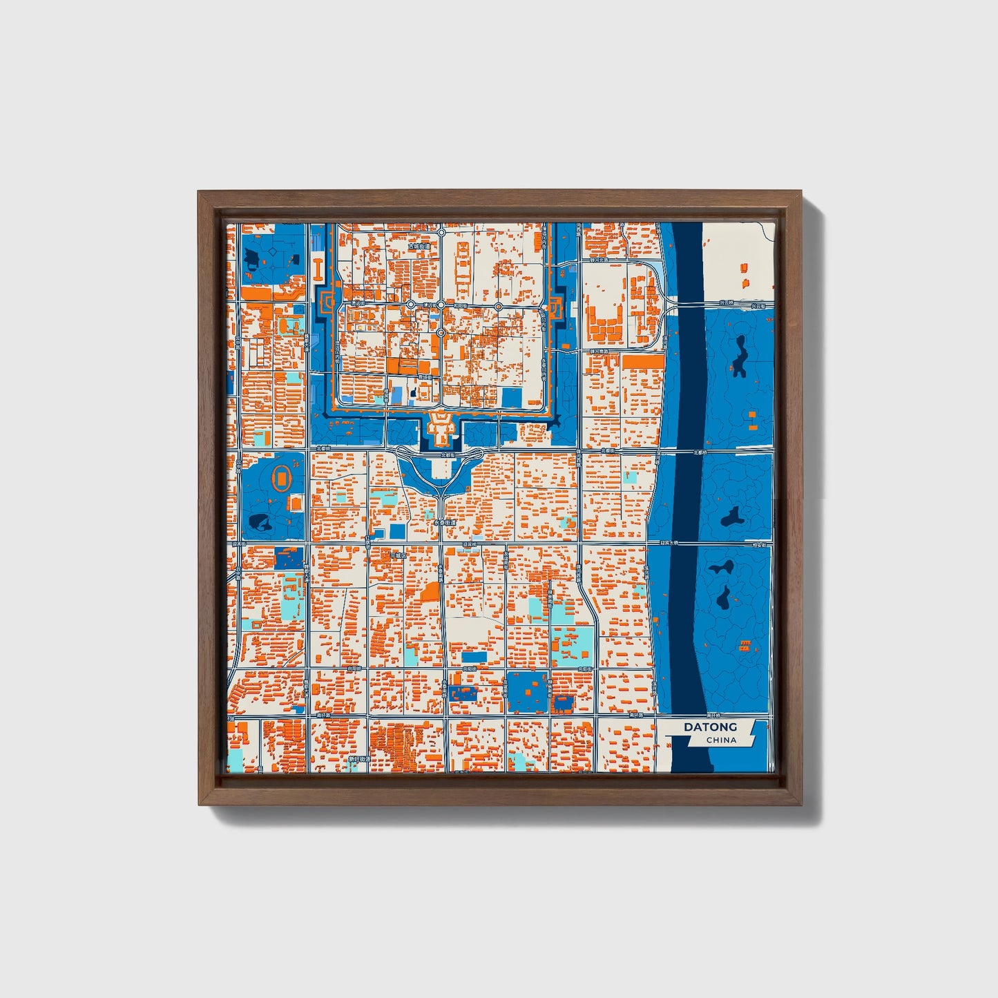 Datong China Colorful City Map Canvas Print • Dark Wooden Framed