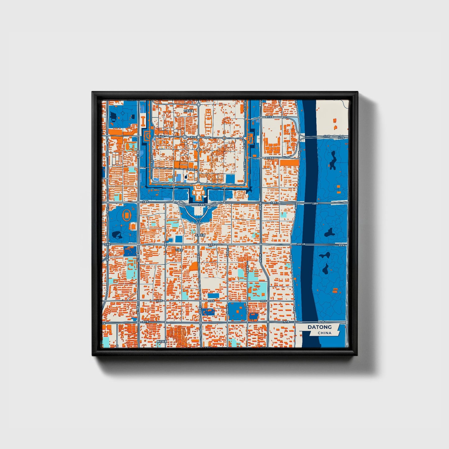 Datong China Colorful City Map Canvas Print • Black Framed