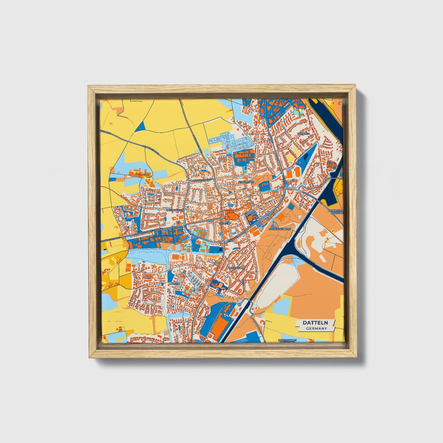 Datteln Germany Colorful City Map Canvas Print • Natural Wooden Framed
