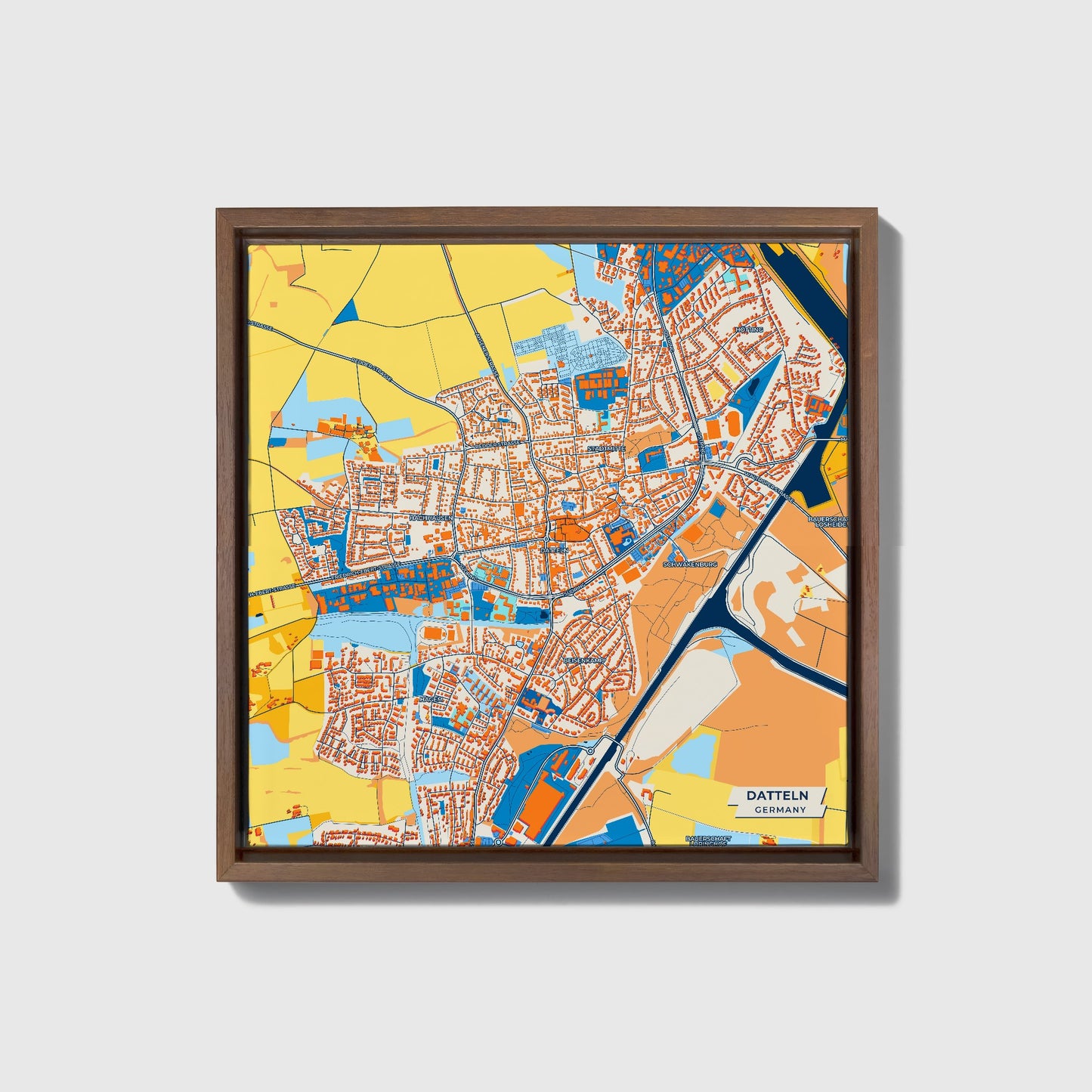Datteln Germany Colorful City Map Canvas Print • Dark Wooden Framed