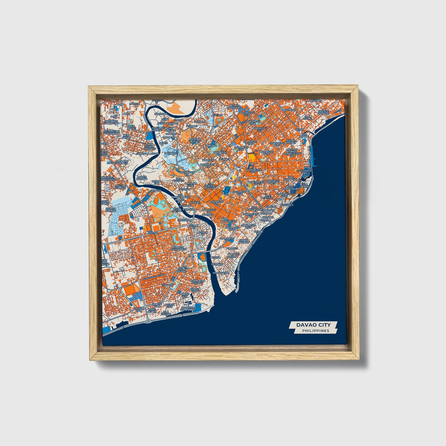 Davao City Philippines Colorful City Map Canvas Print • Natural Wooden Framed