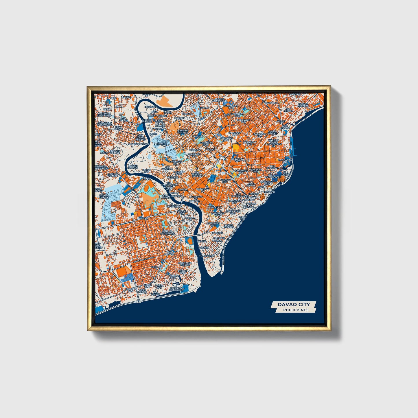 Davao City Philippines Colorful City Map Canvas Print • Gold Framed
