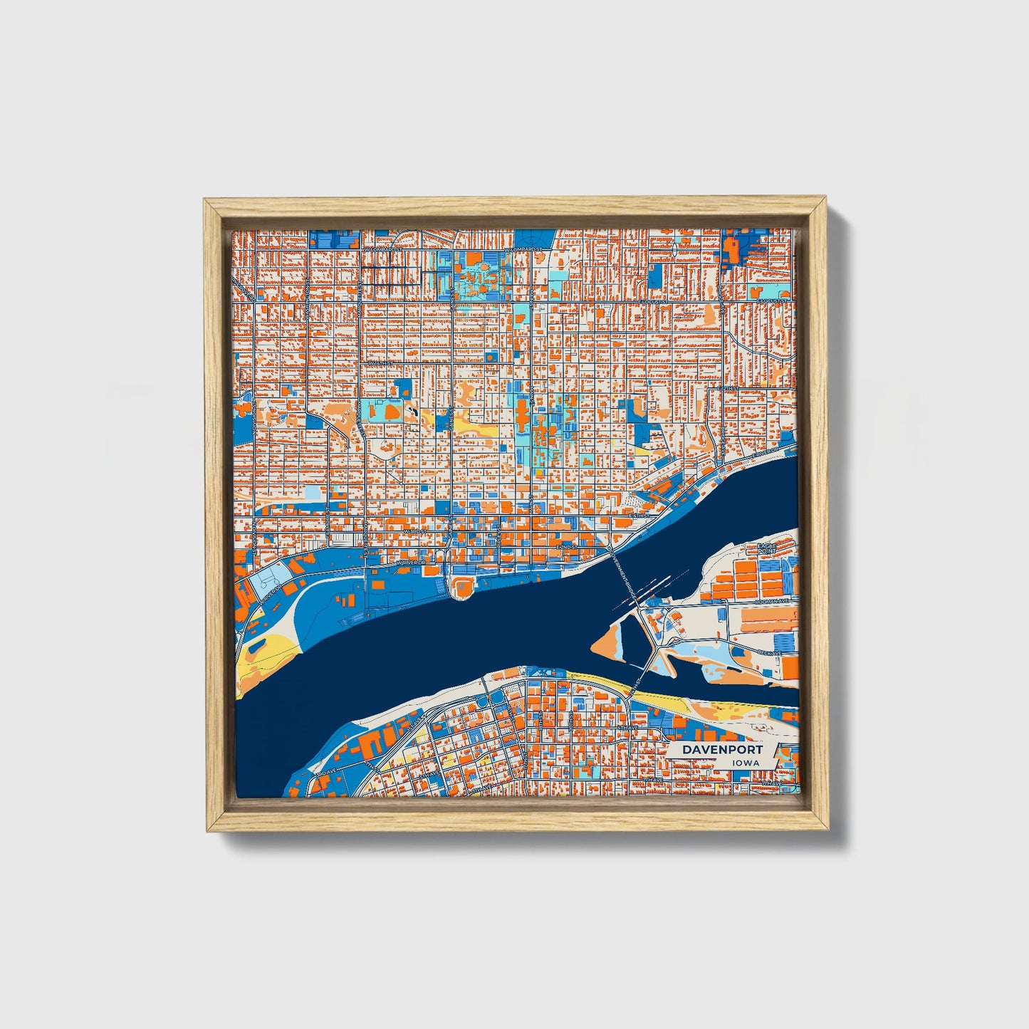 Davenport Iowa Colorful City Map Canvas Print • Natural Wooden Framed