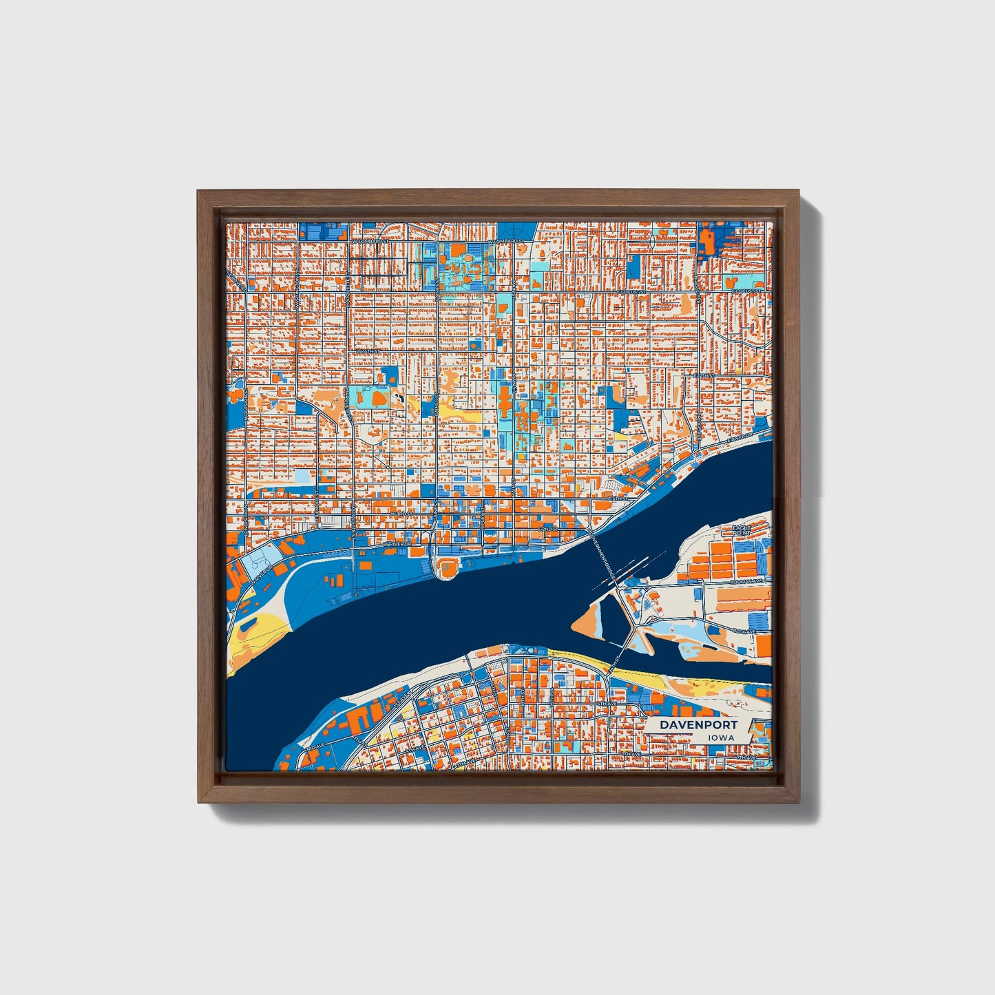 Davenport Iowa Colorful City Map Canvas Print • Dark Wooden Framed