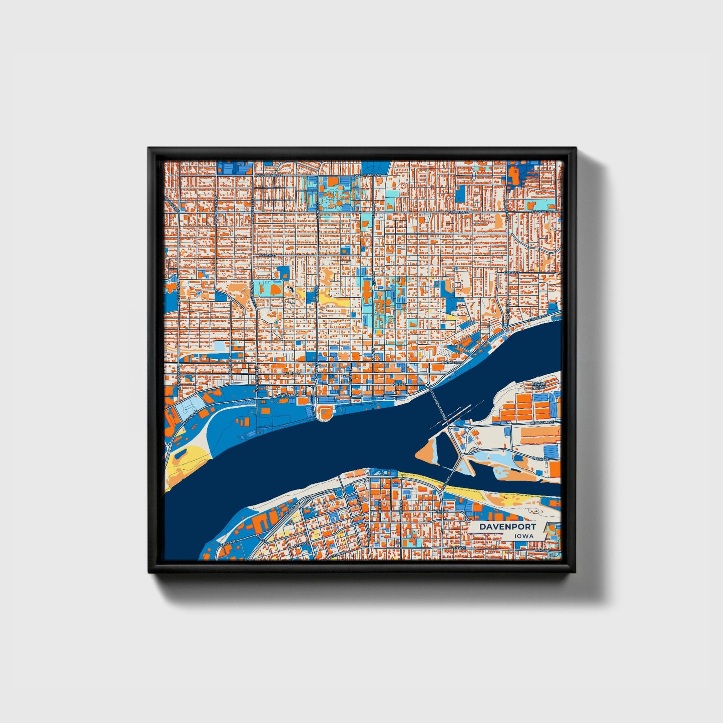 Davenport Iowa Colorful City Map Canvas Print • Black Framed
