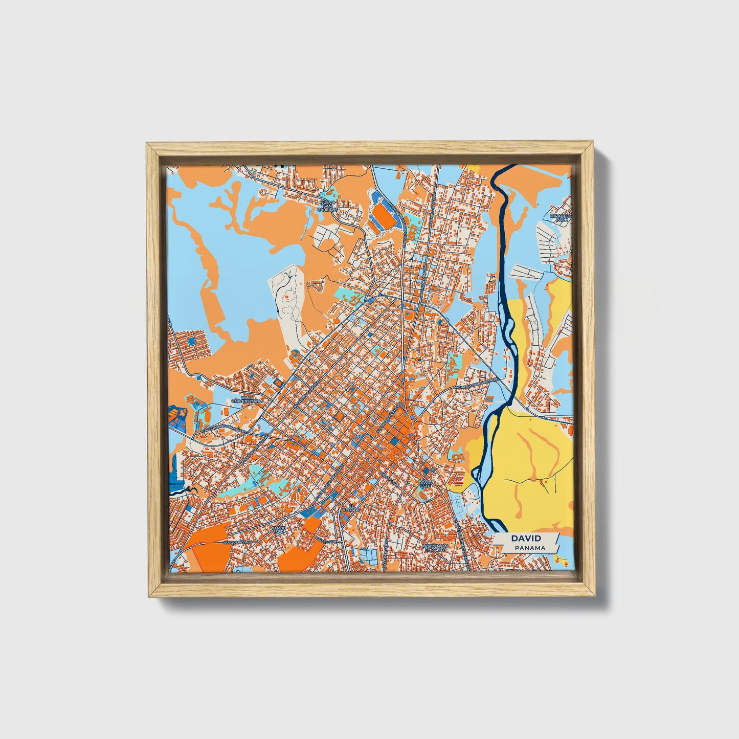 David Panama Colorful City Map Canvas Print • Natural Wooden Framed