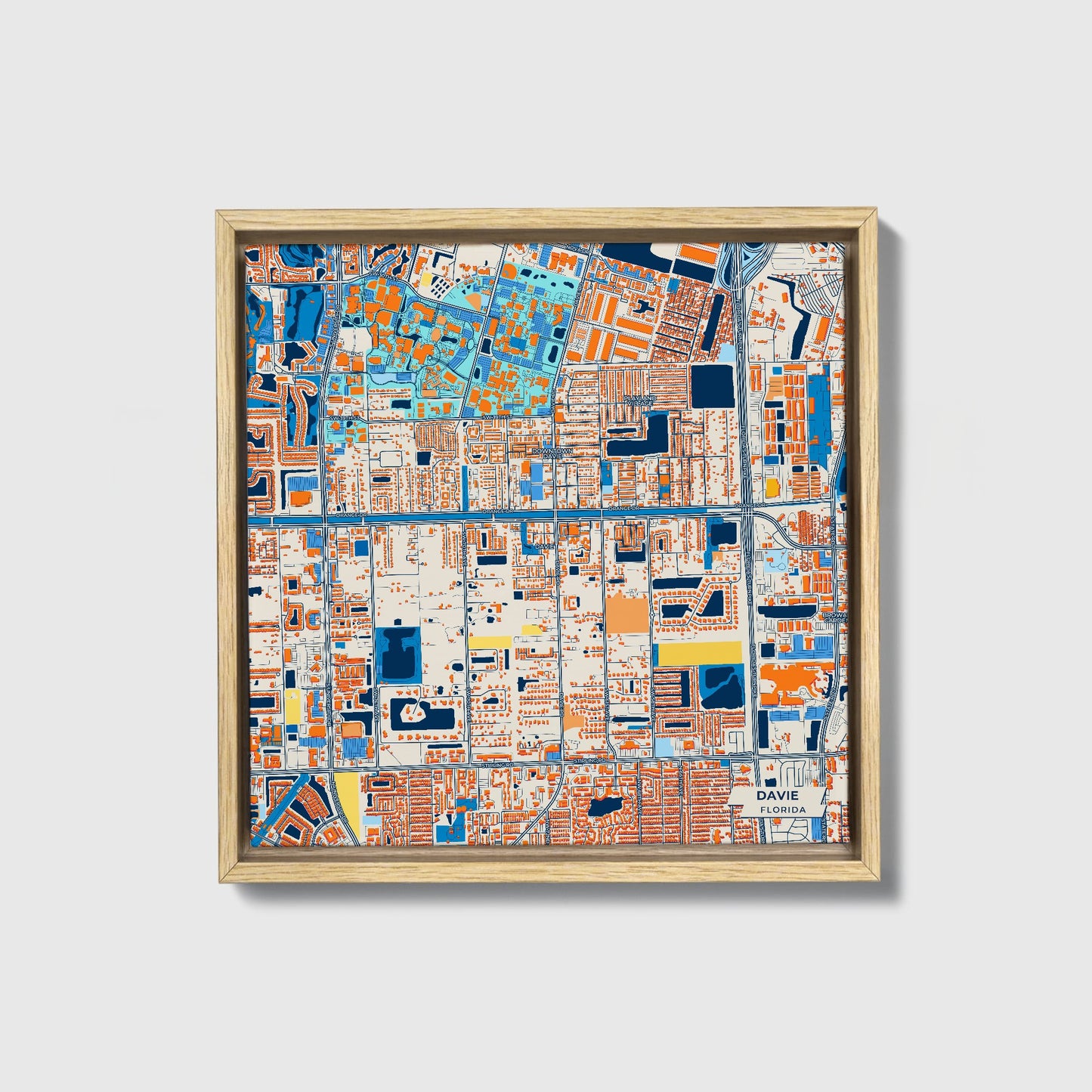 Davie Florida Colorful City Map Canvas Print • Natural Wooden Framed