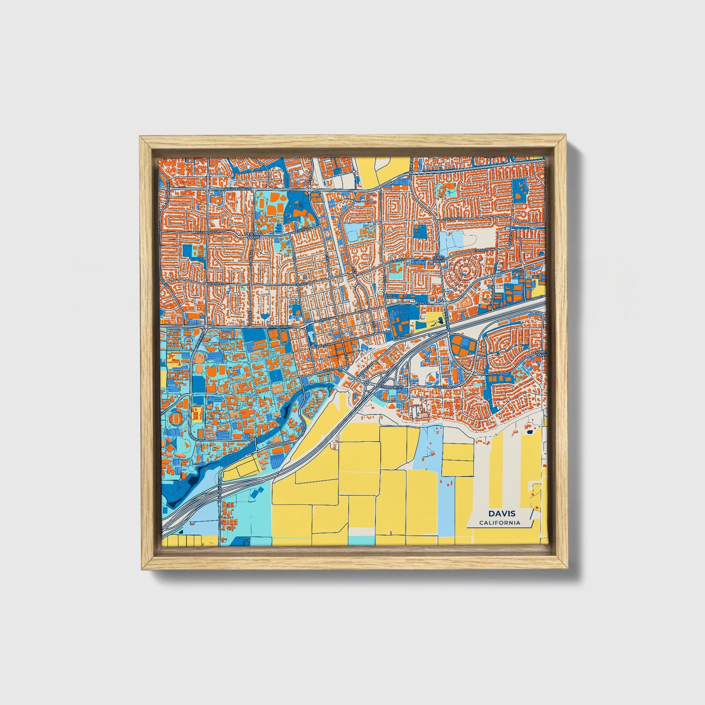 Davis California Colorful City Map Canvas Print • Natural Wooden Framed