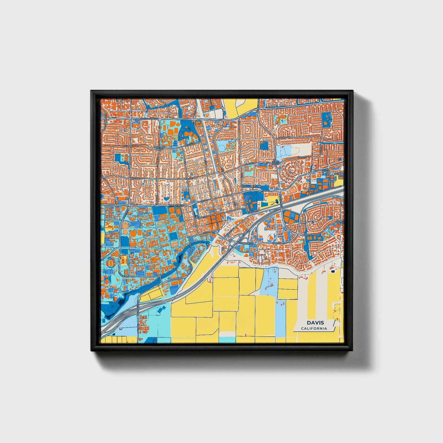Davis California Colorful City Map Canvas Print • Black Framed