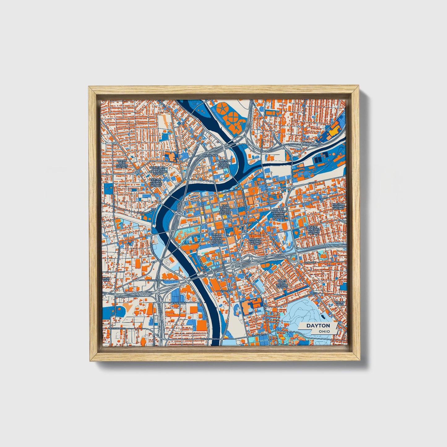 Dayton Ohio Colorful City Map Canvas Print • Natural Wooden Framed
