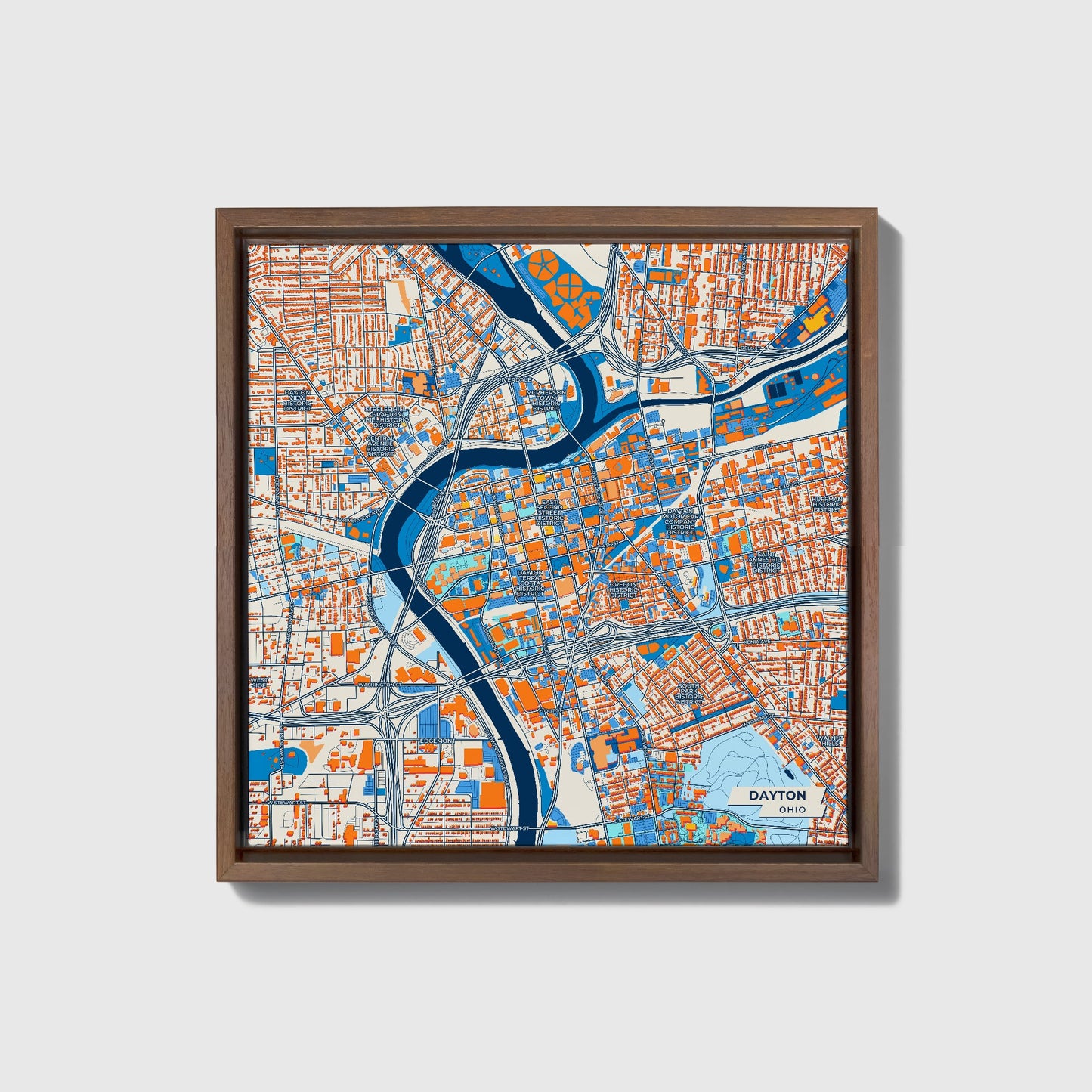 Dayton Ohio Colorful City Map Canvas Print • Dark Wooden Framed