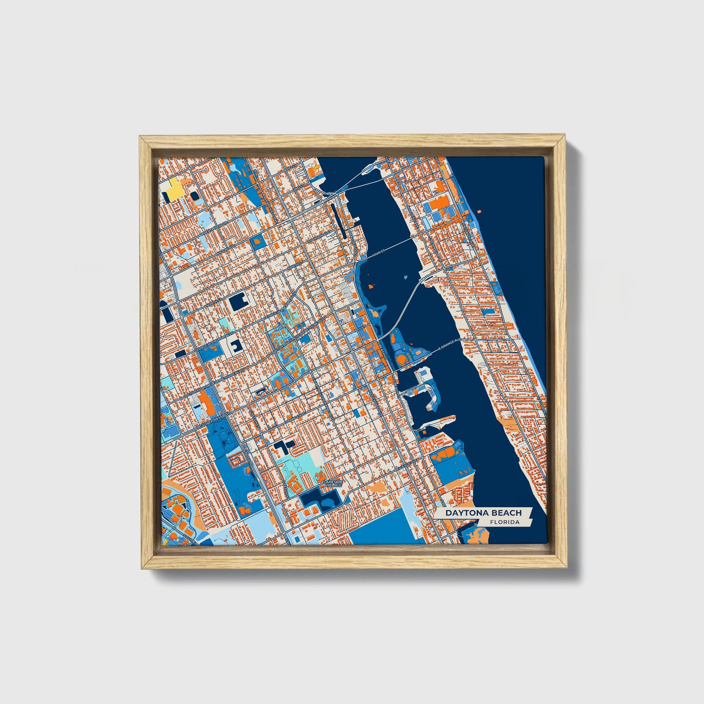 Daytona Beach Florida Colorful City Map Canvas Print • Natural Wooden Framed