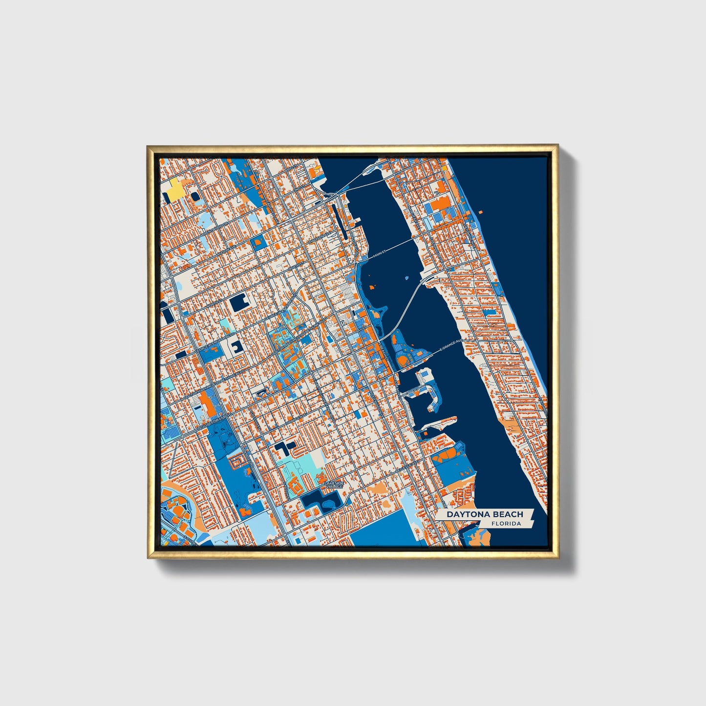 Daytona Beach Florida Colorful City Map Canvas Print • Gold Framed