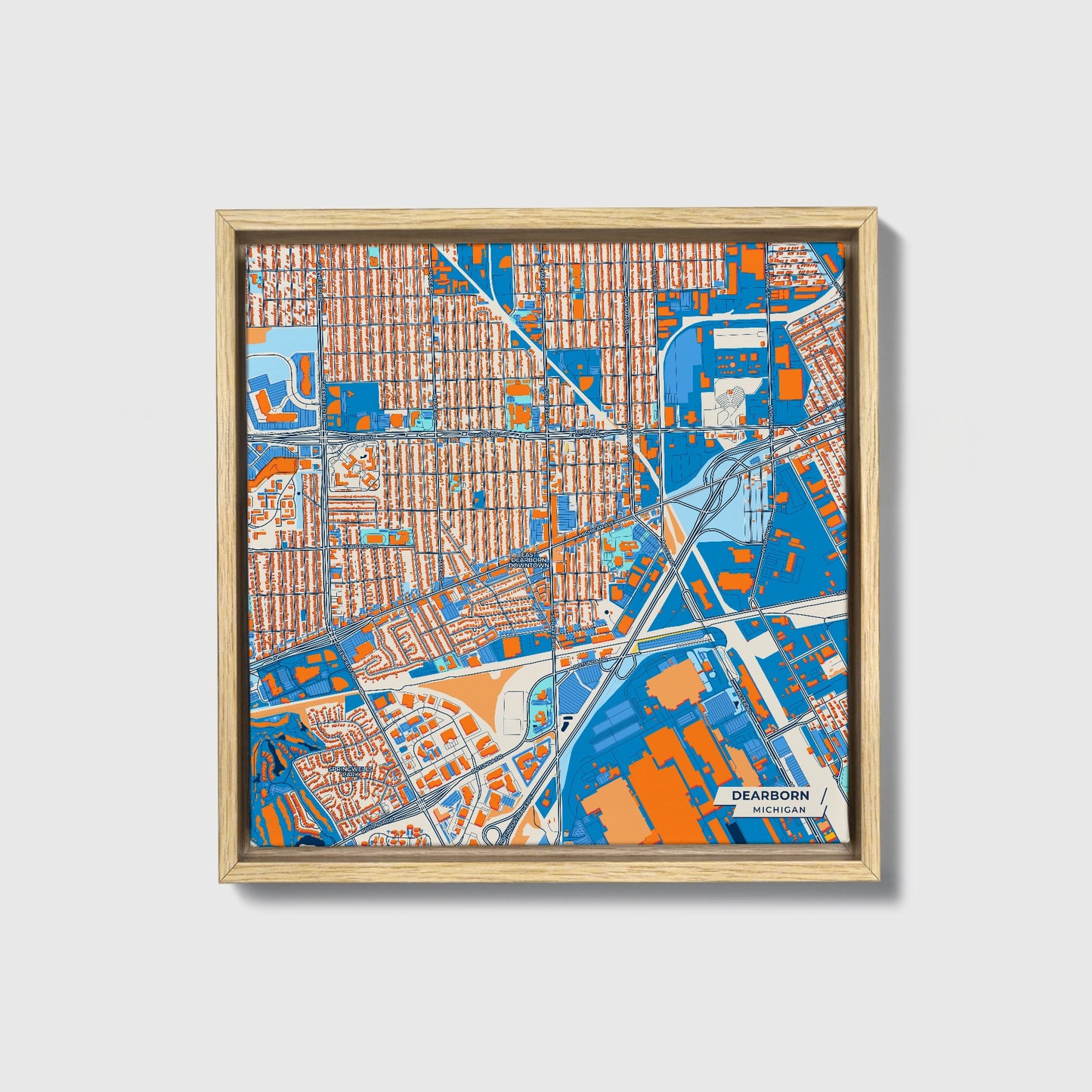 Dearborn Michigan Colorful City Map Canvas Print • Natural Wooden Framed