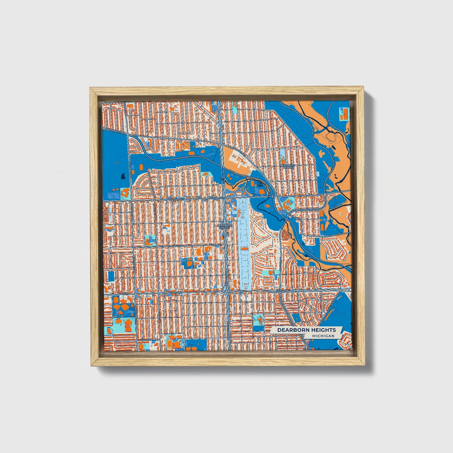 Dearborn Heights Michigan Colorful City Map Canvas Print • Natural Wooden Framed