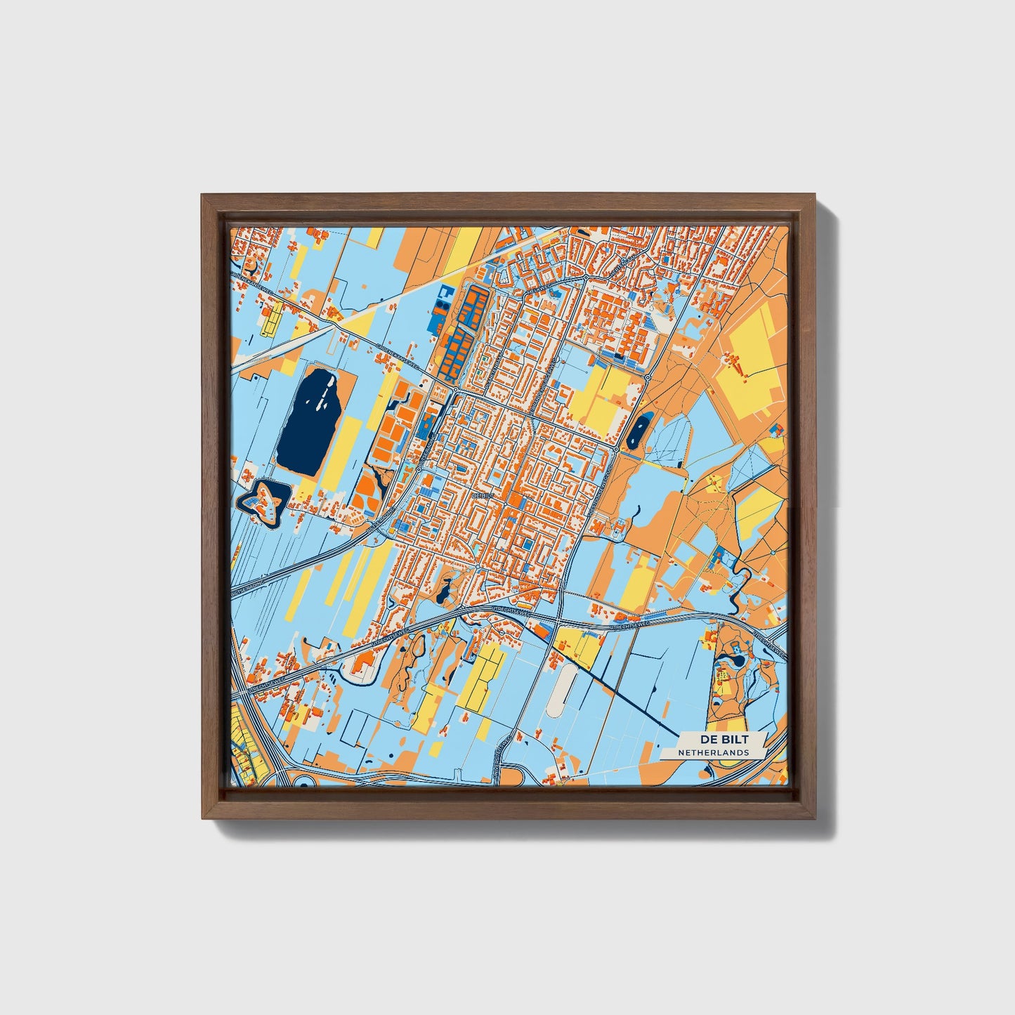 Debilt Netherlands Colorful City Map Canvas Print • Dark Wooden Framed