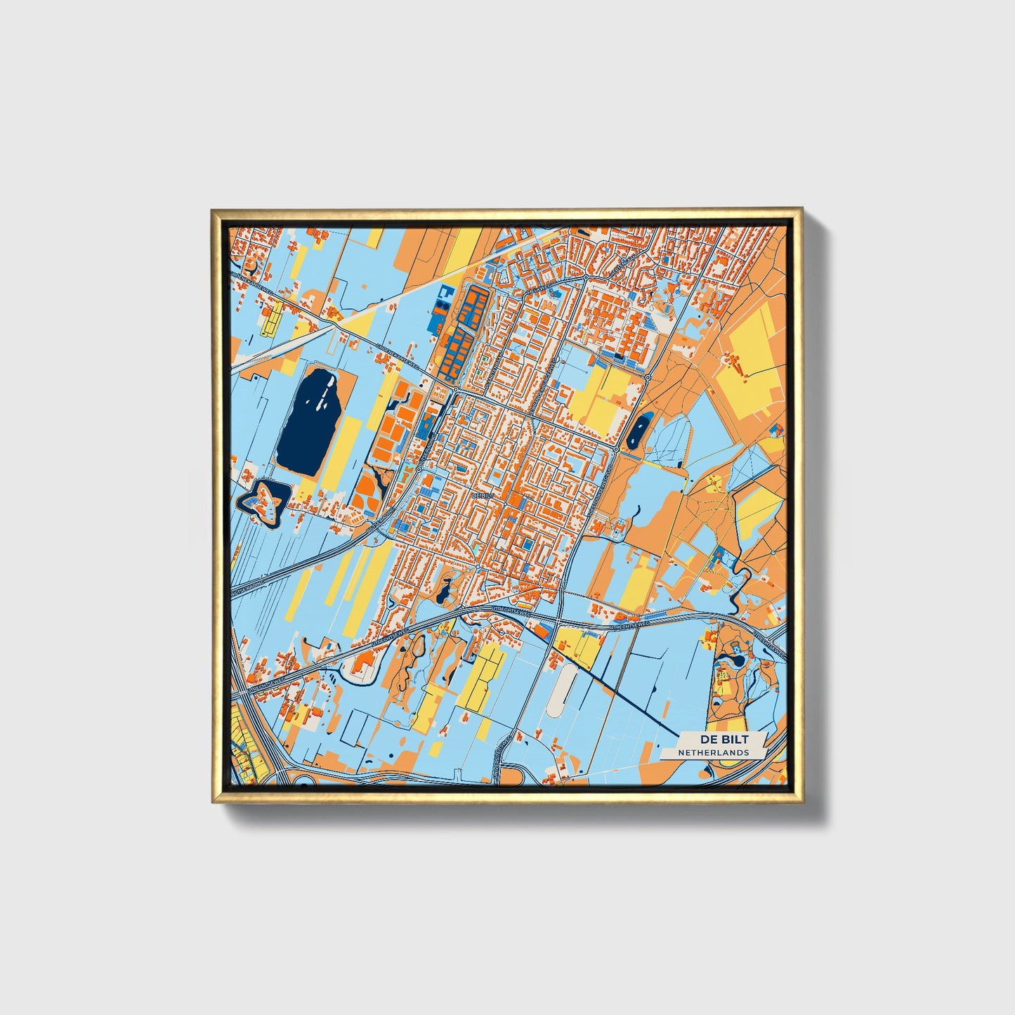 Debilt Netherlands Colorful City Map Canvas Print • Gold Framed