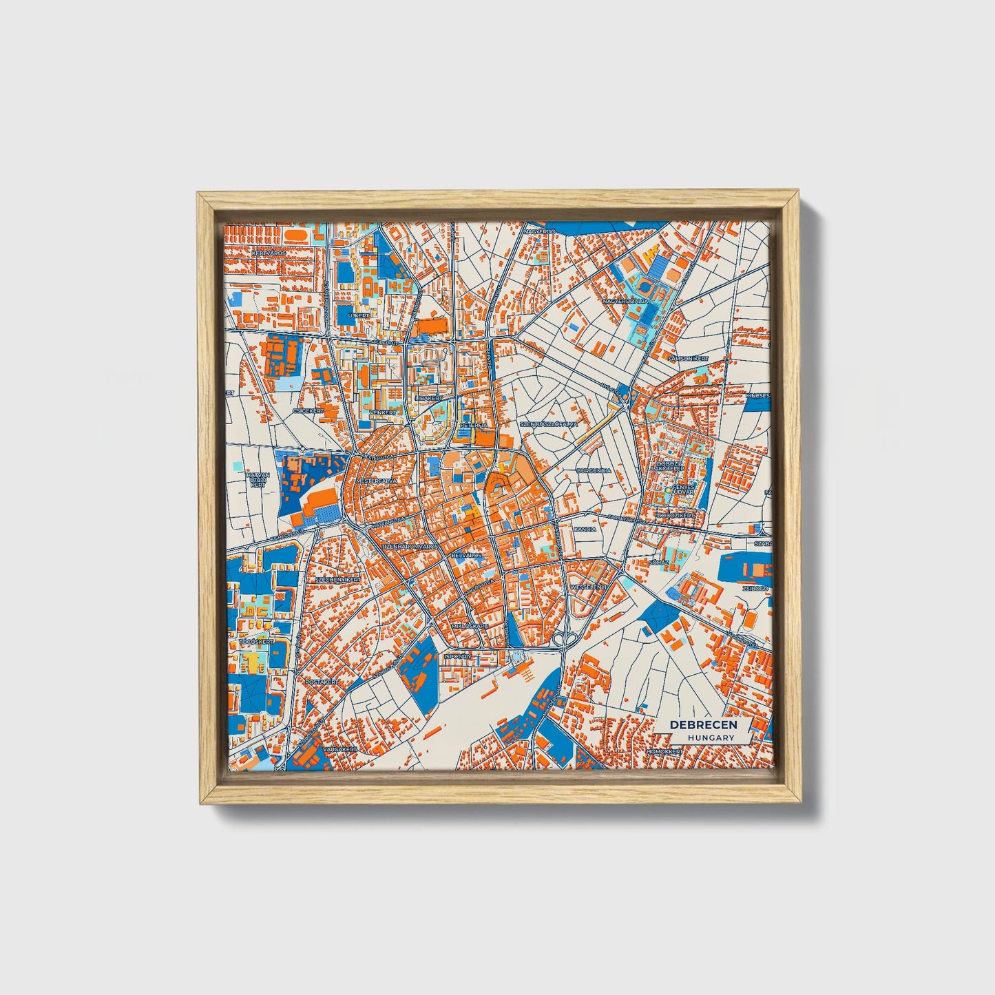 Debrecen Hungary Colorful City Map Canvas Print • Natural Wooden Framed