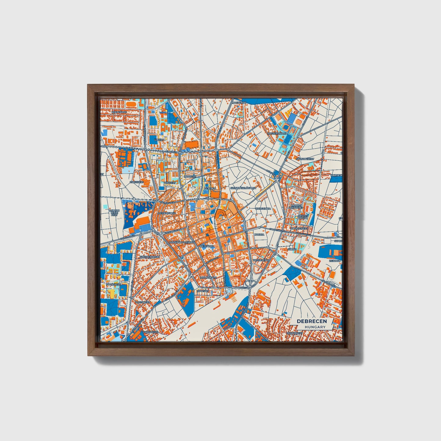 Debrecen Hungary Colorful City Map Canvas Print • Dark Wooden Framed