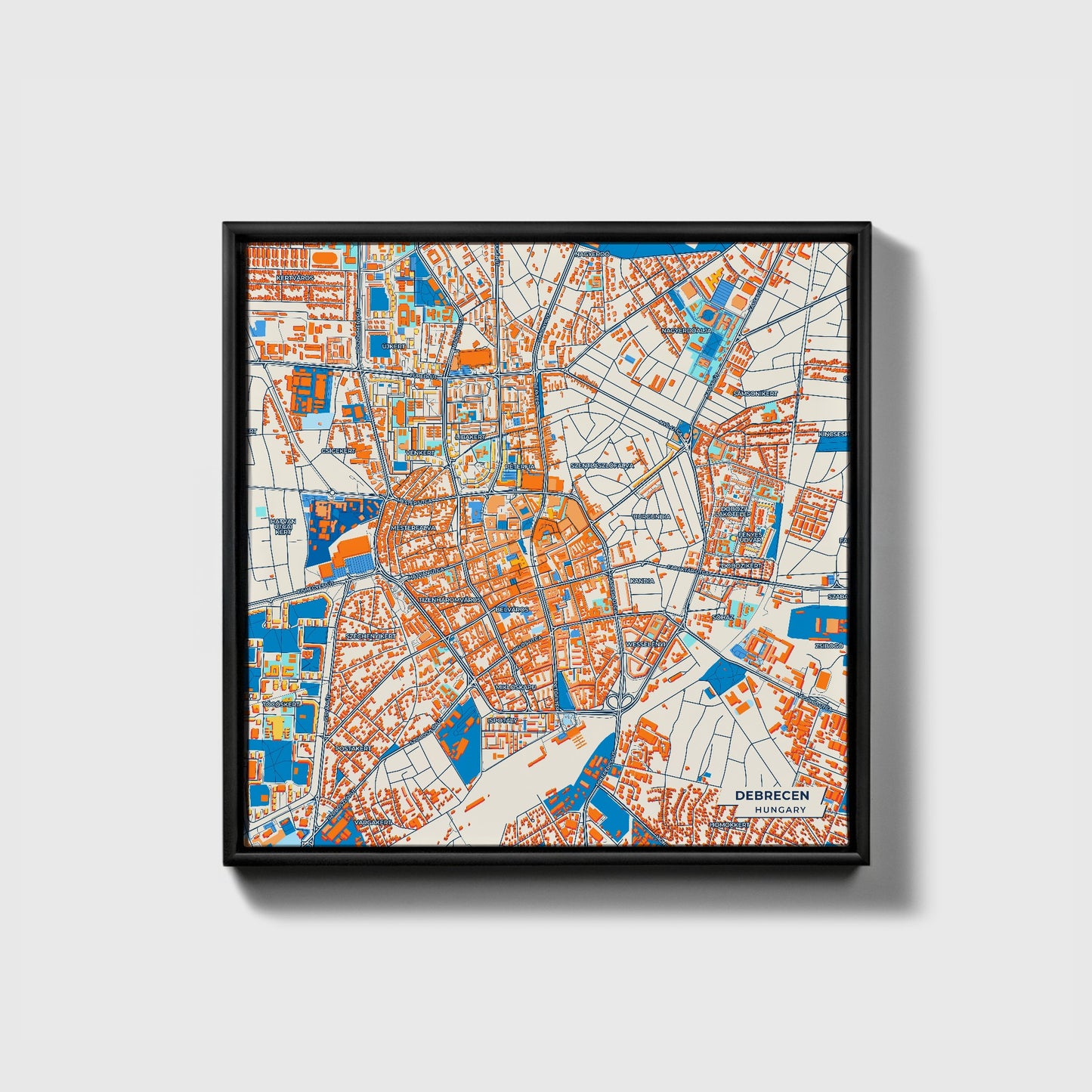 Debrecen Hungary Colorful City Map Canvas Print • Black Framed
