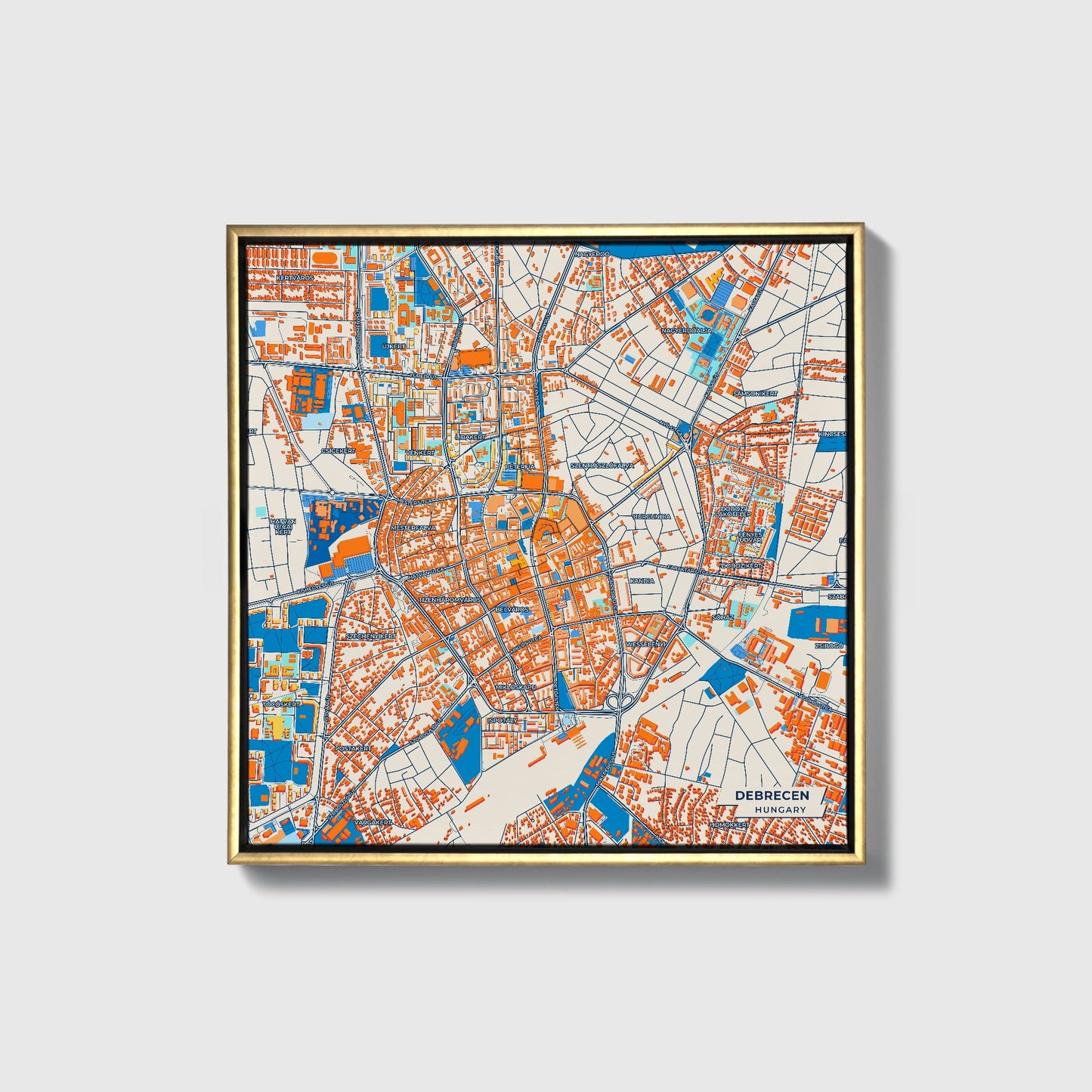 Debrecen Hungary Colorful City Map Canvas Print • Gold Framed