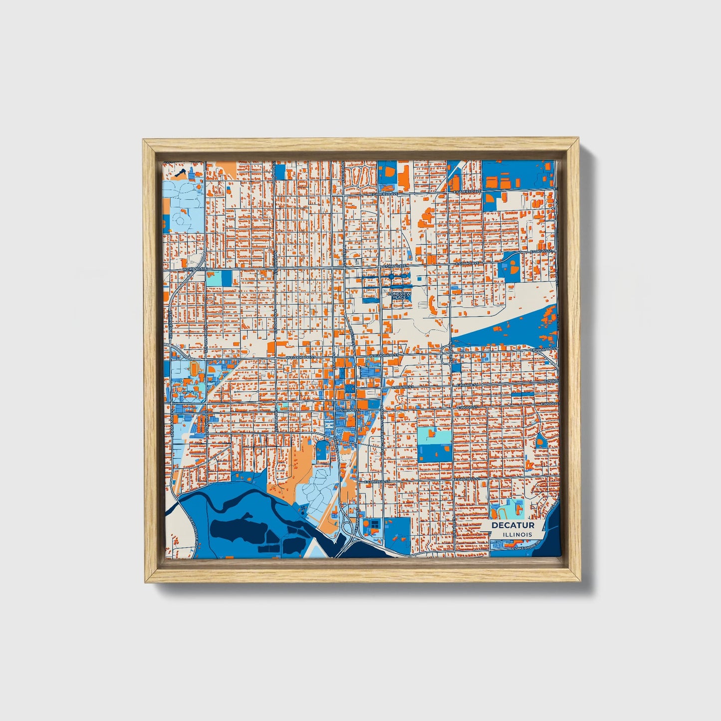 Decatur Illinois Colorful City Map Canvas Print • Natural Wooden Framed