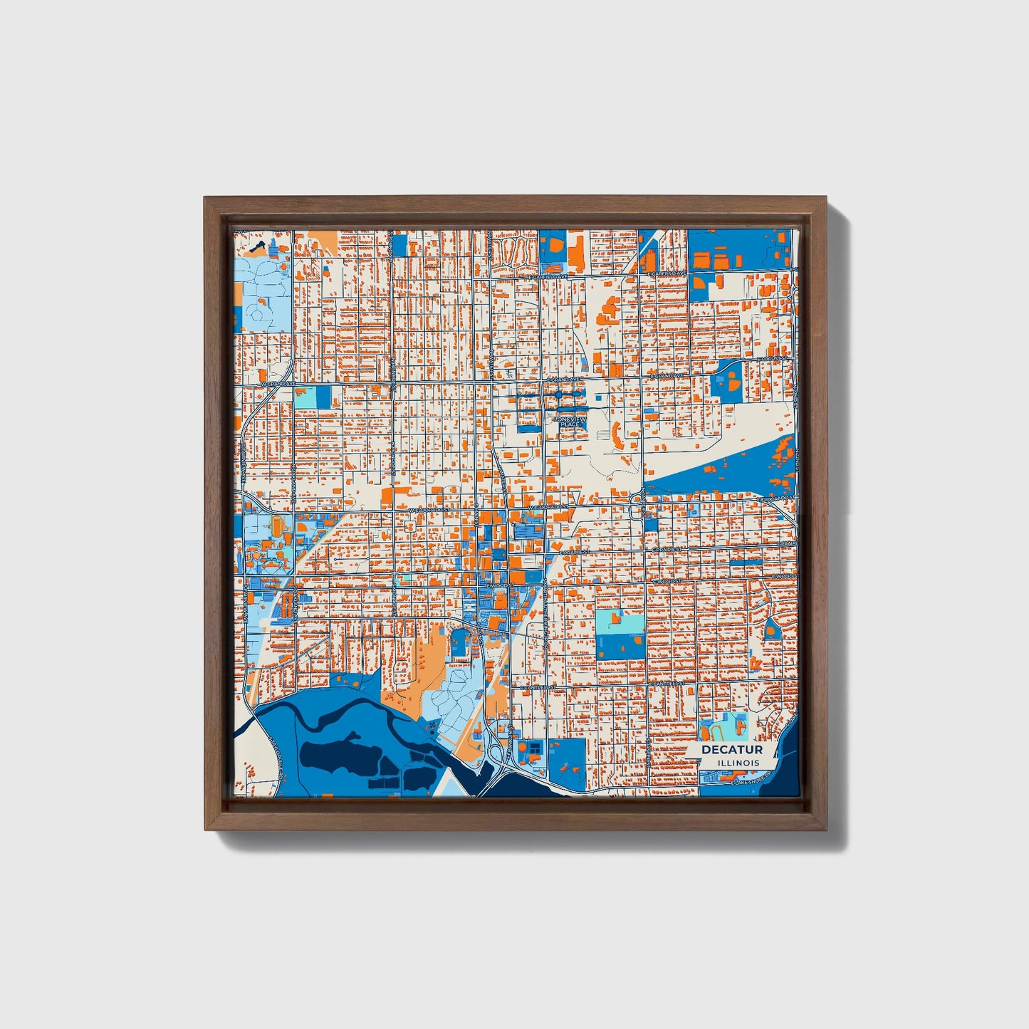 Decatur Illinois Colorful City Map Canvas Print • Dark Wooden Framed