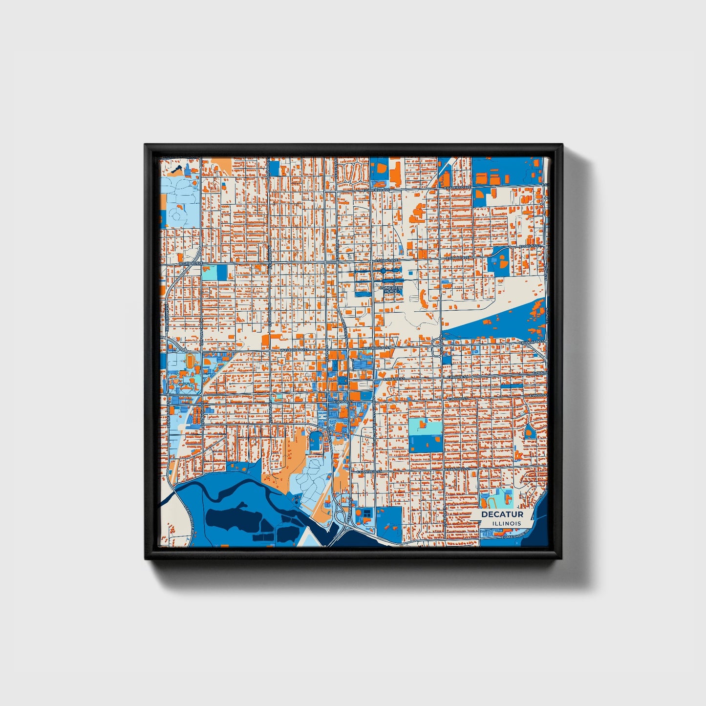 Decatur Illinois Colorful City Map Canvas Print • Black Framed