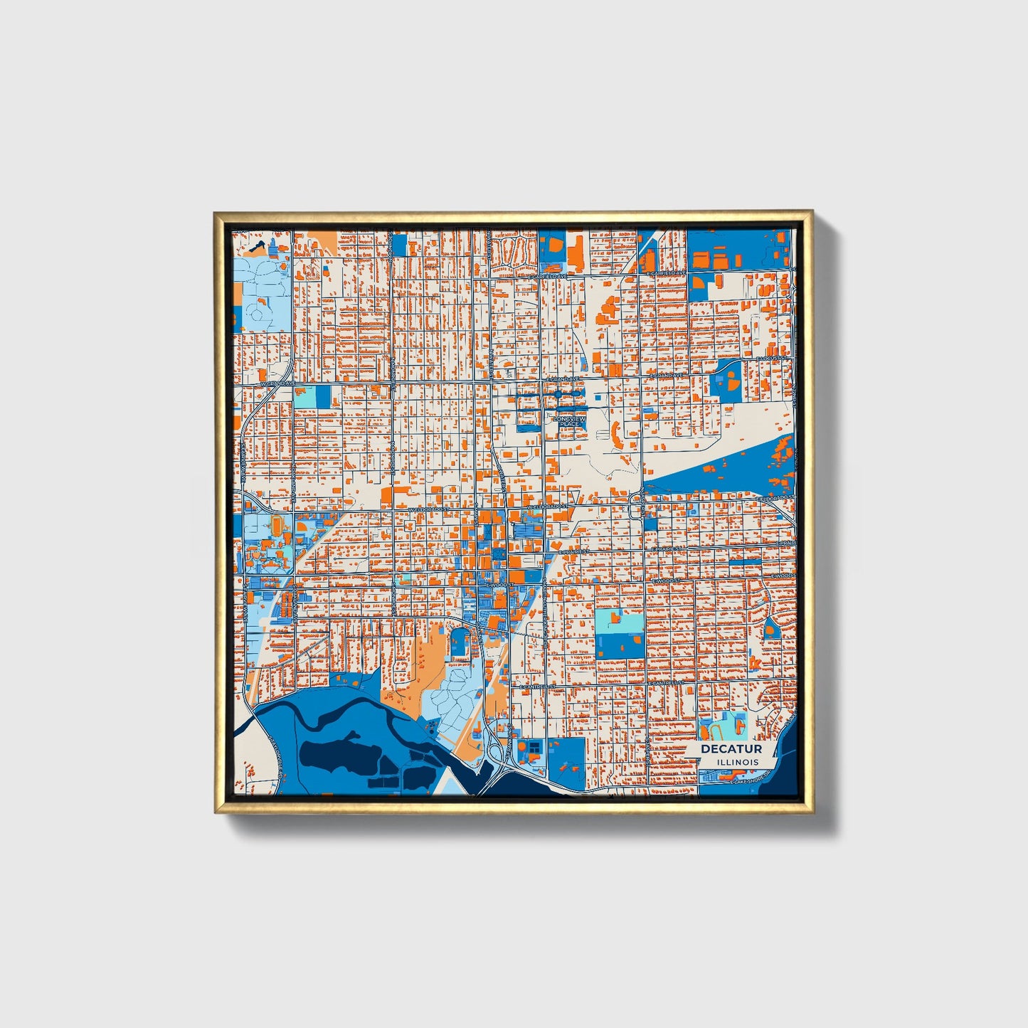 Decatur Illinois Colorful City Map Canvas Print • Gold Framed