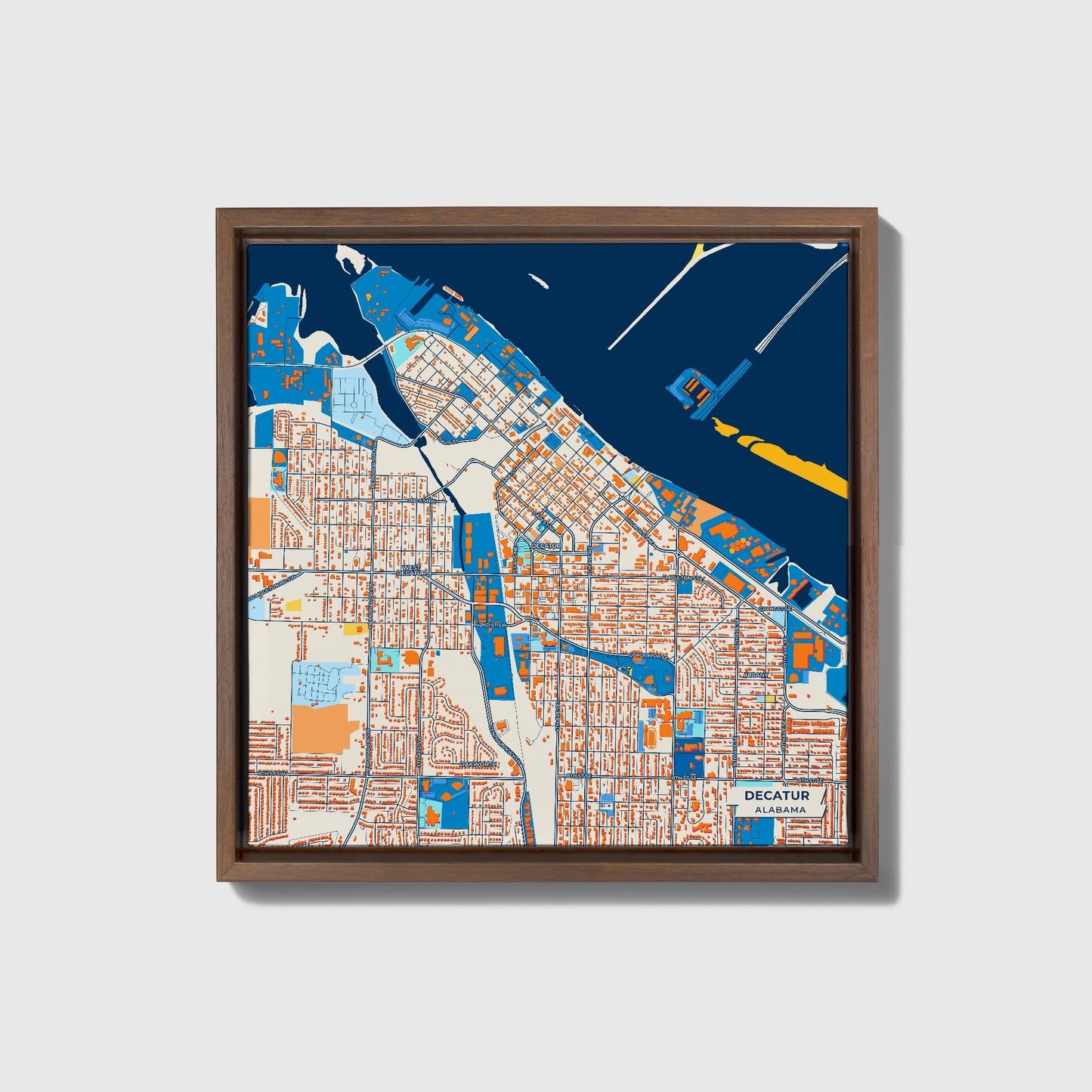 Decatur Alabama Colorful City Map Canvas Print • Dark Wooden Framed