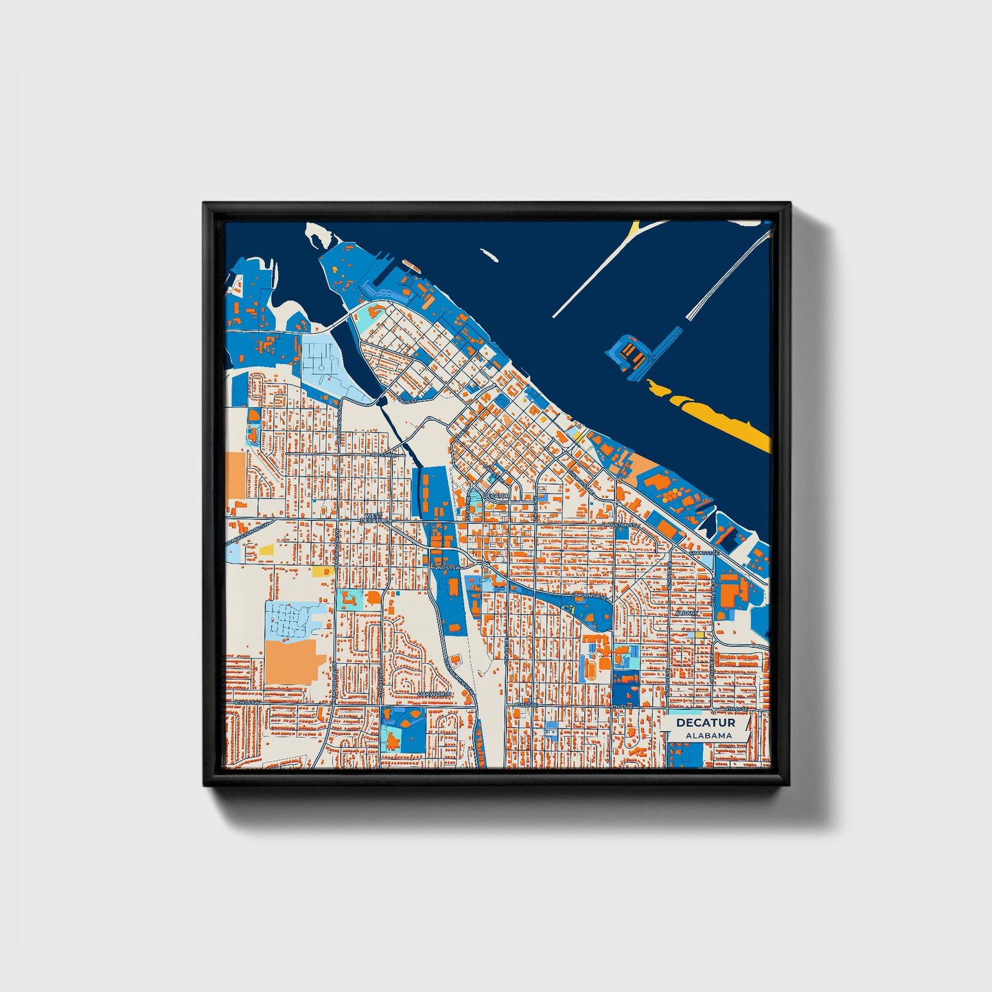 Decatur Alabama Colorful City Map Canvas Print • Black Framed