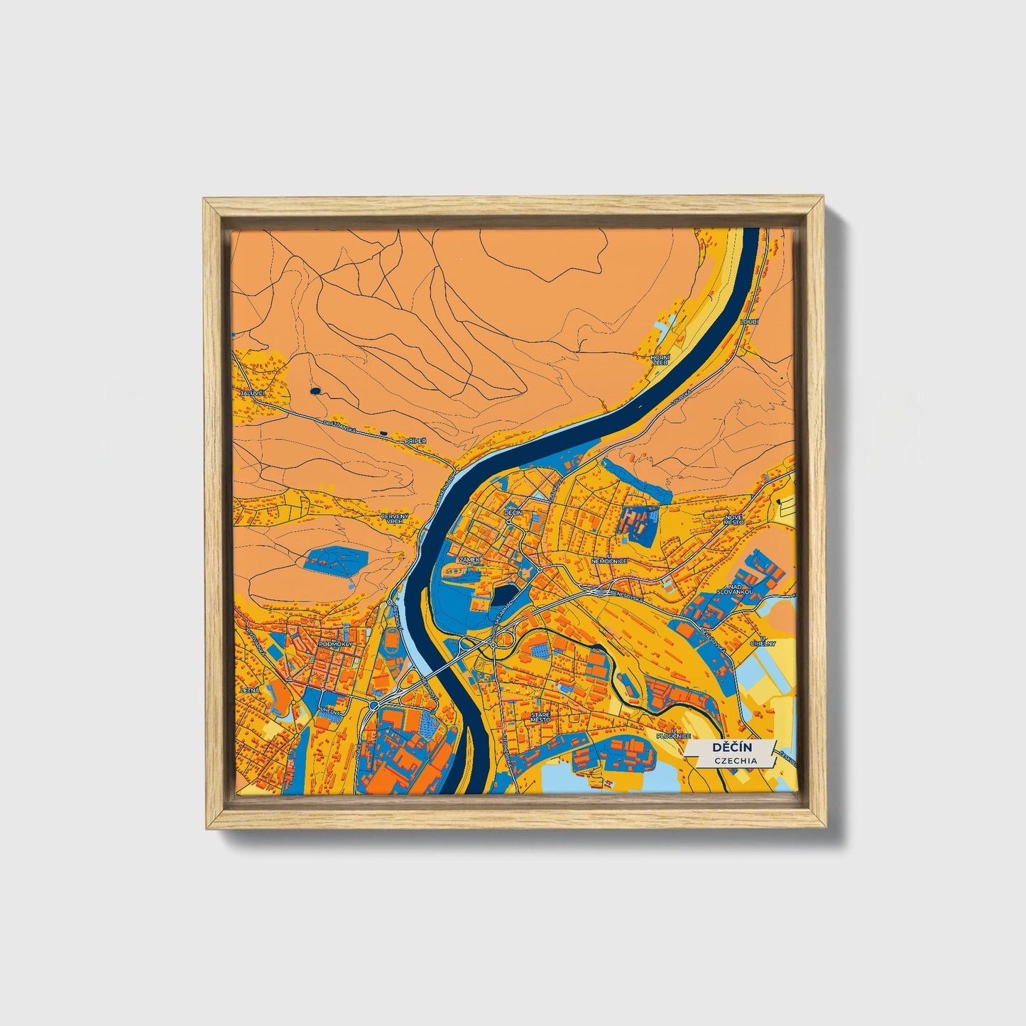 Děčín Czechia Colorful City Map Canvas Print • Natural Wooden Framed