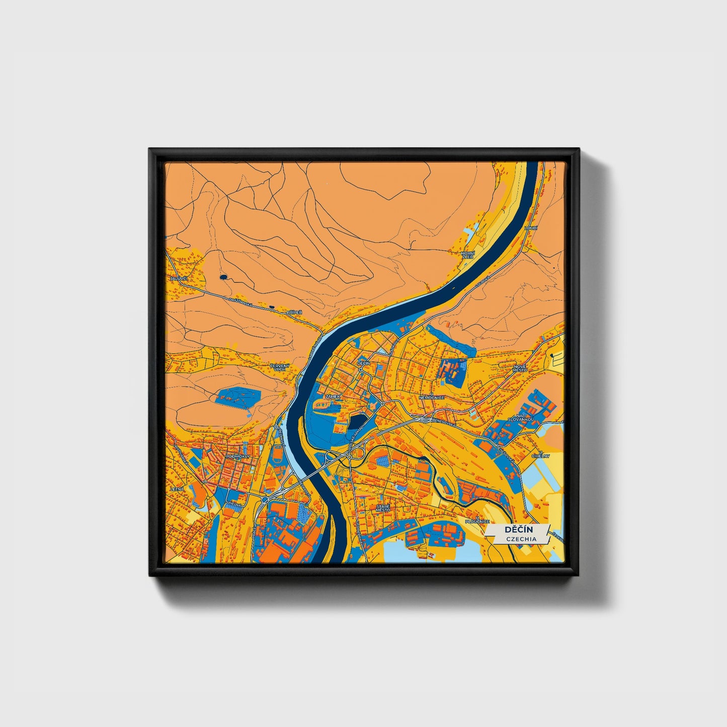 Děčín Czechia Colorful City Map Canvas Print • Black Framed