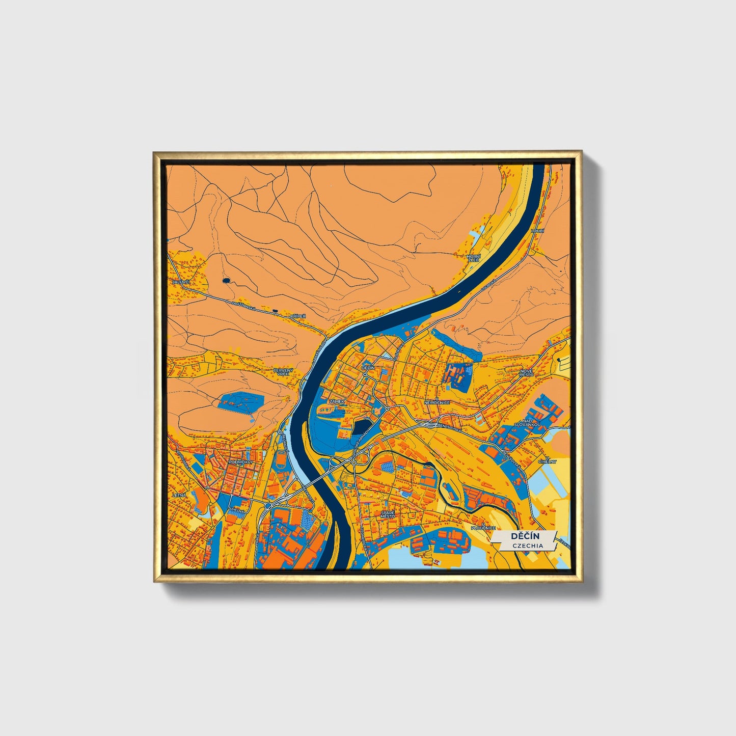 Děčín Czechia Colorful City Map Canvas Print • Gold Framed