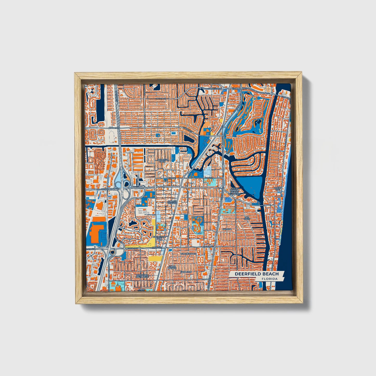 Deerfield Beach Florida Colorful City Map Canvas Print • Natural Wooden Framed