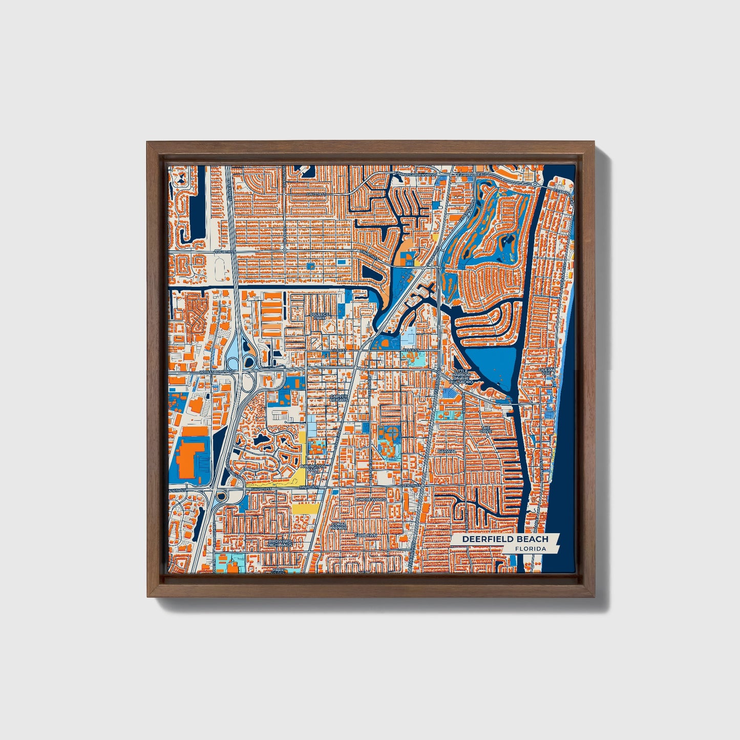 Deerfield Beach Florida Colorful City Map Canvas Print • Dark Wooden Framed