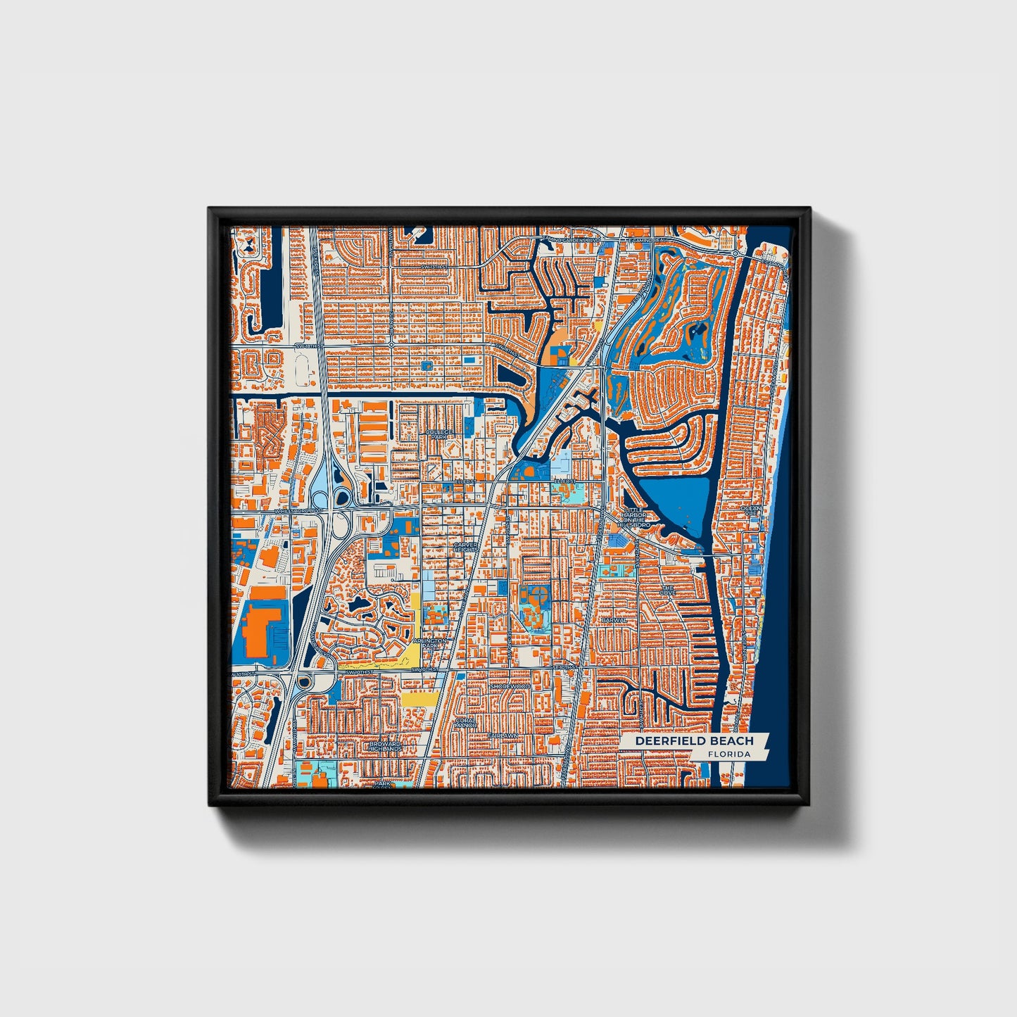 Deerfield Beach Florida Colorful City Map Canvas Print • Black Framed