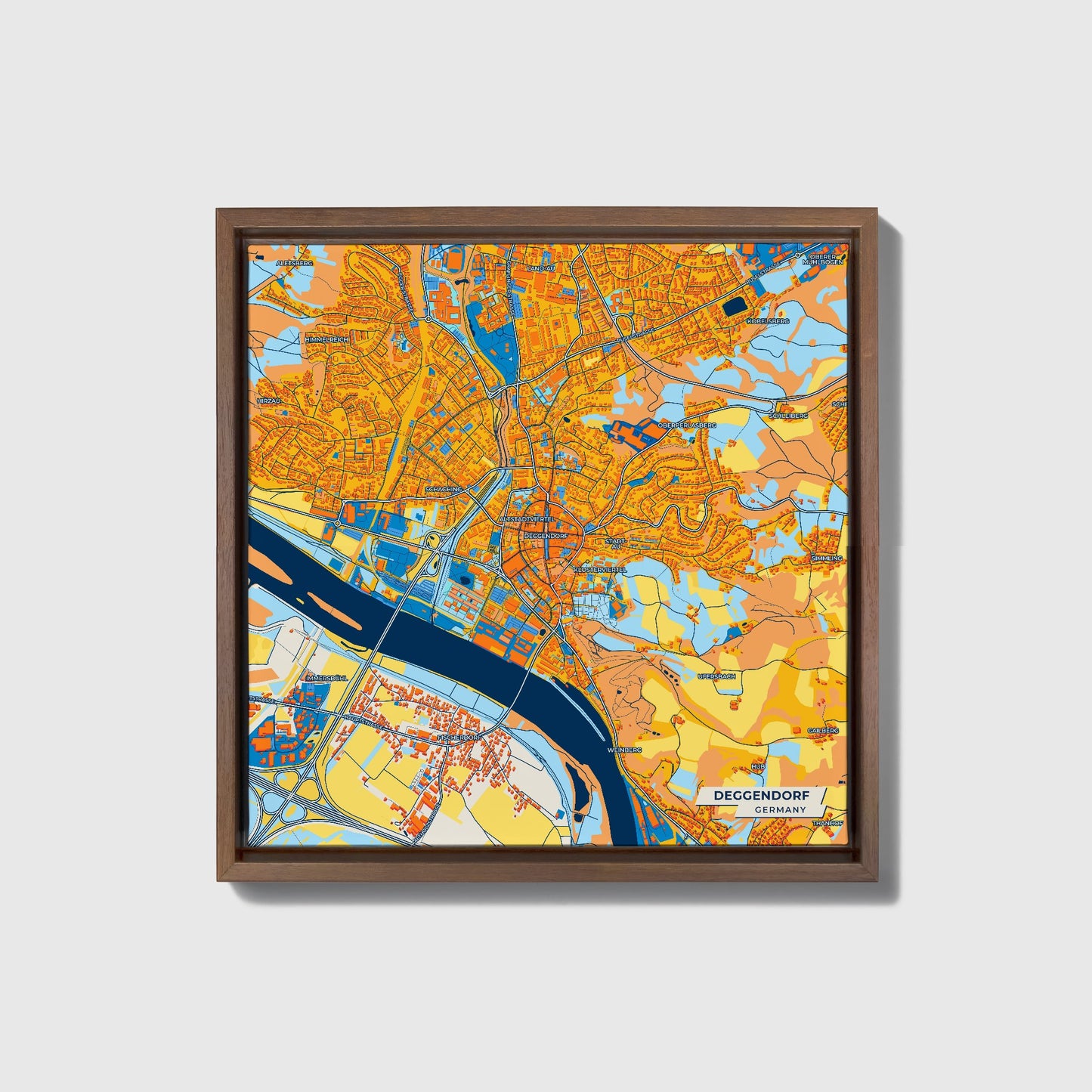 Deggendorf Germany Colorful City Map Canvas Print • Dark Wooden Framed