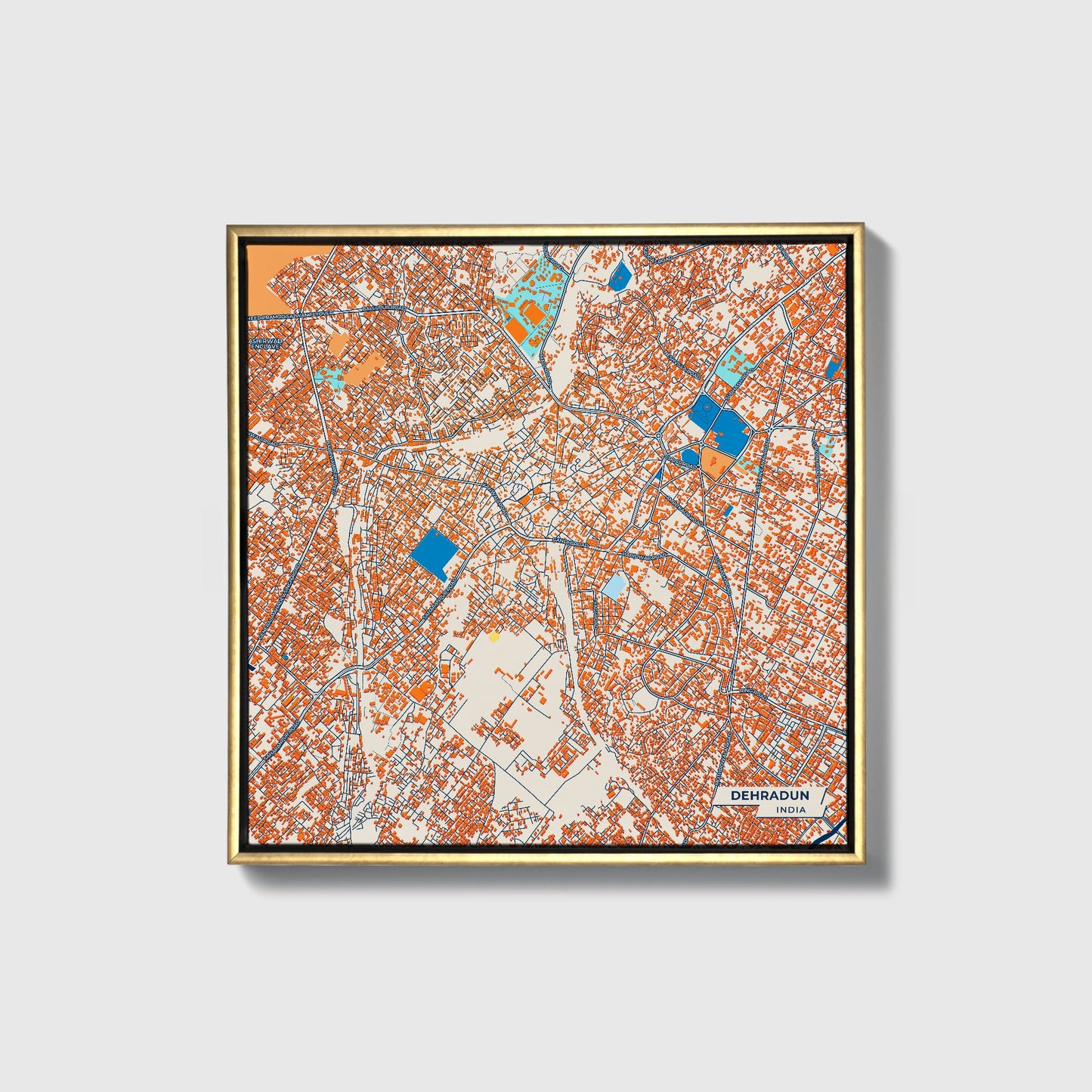 Dehradun India Colorful City Map Canvas Print • Gold Framed