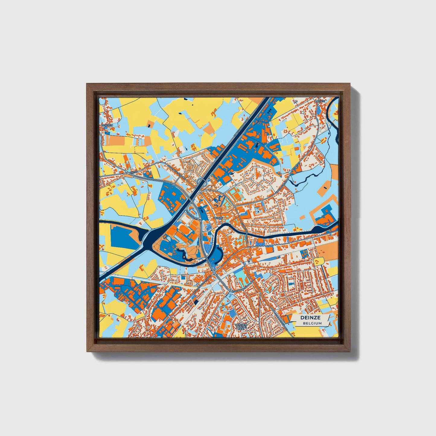Deinze Belgium Colorful City Map Canvas Print • Dark Wooden Framed