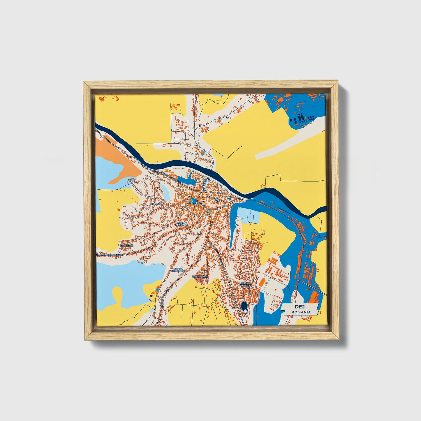 Dej Romania Colorful City Map Canvas Print • Natural Wooden Framed