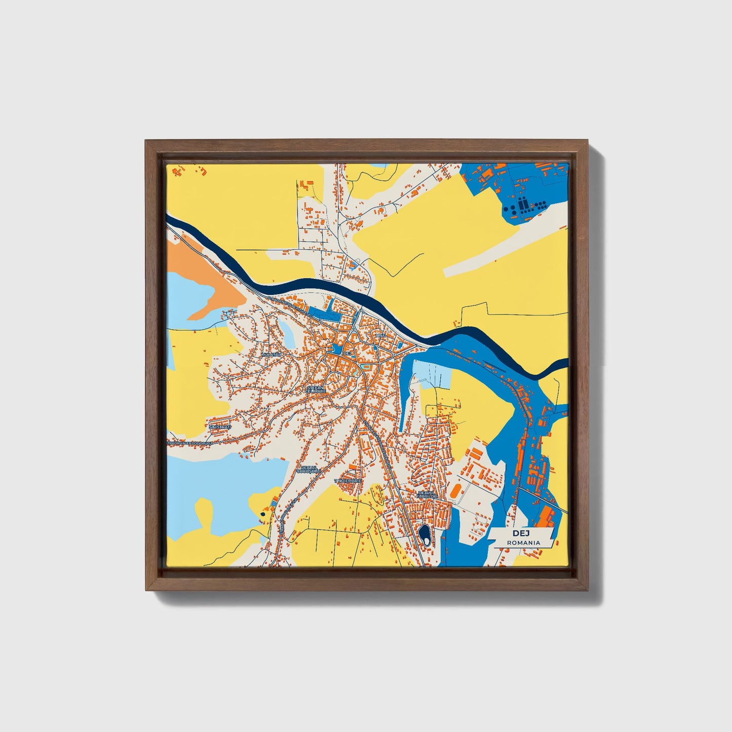 Dej Romania Colorful City Map Canvas Print • Dark Wooden Framed