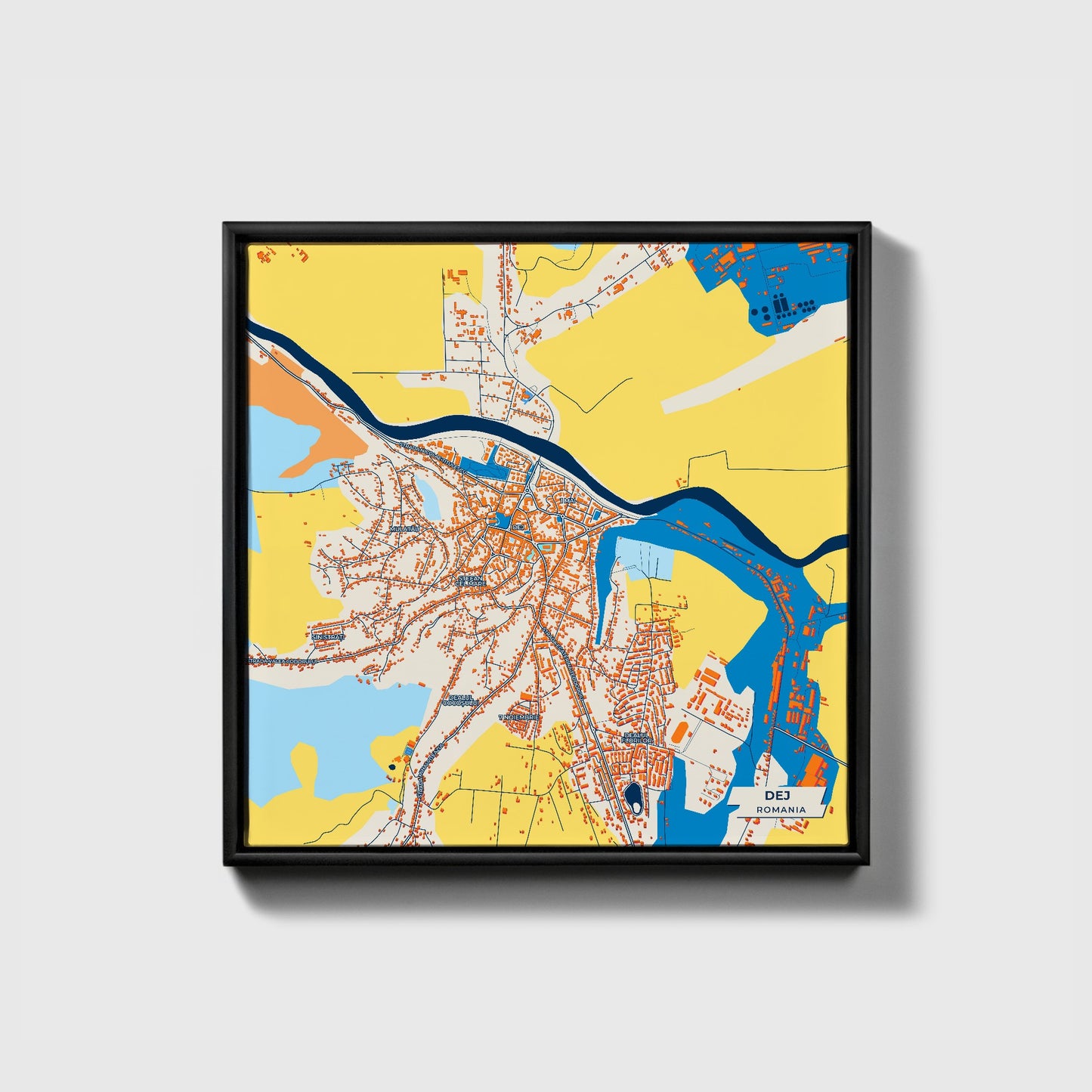 Dej Romania Colorful City Map Canvas Print • Black Framed