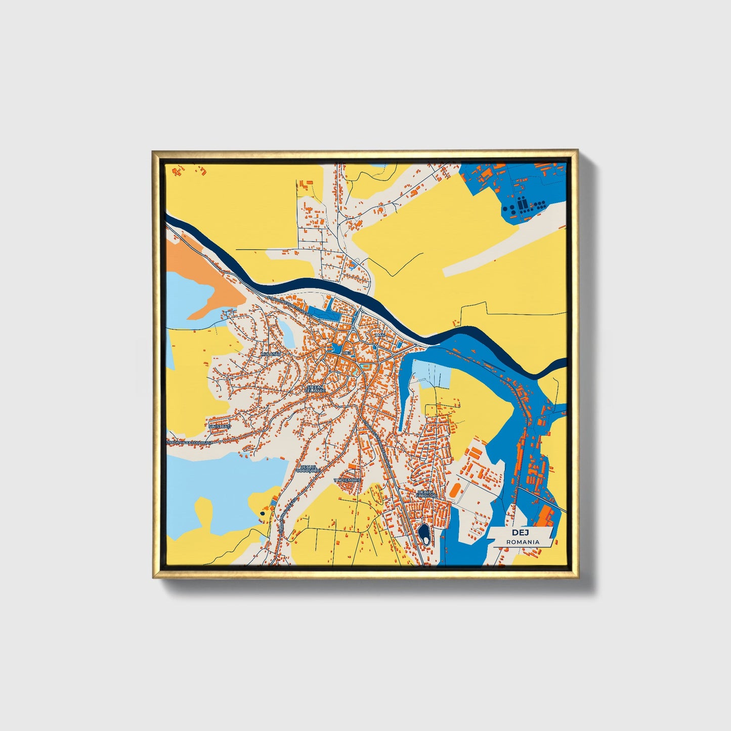 Dej Romania Colorful City Map Canvas Print • Gold Framed