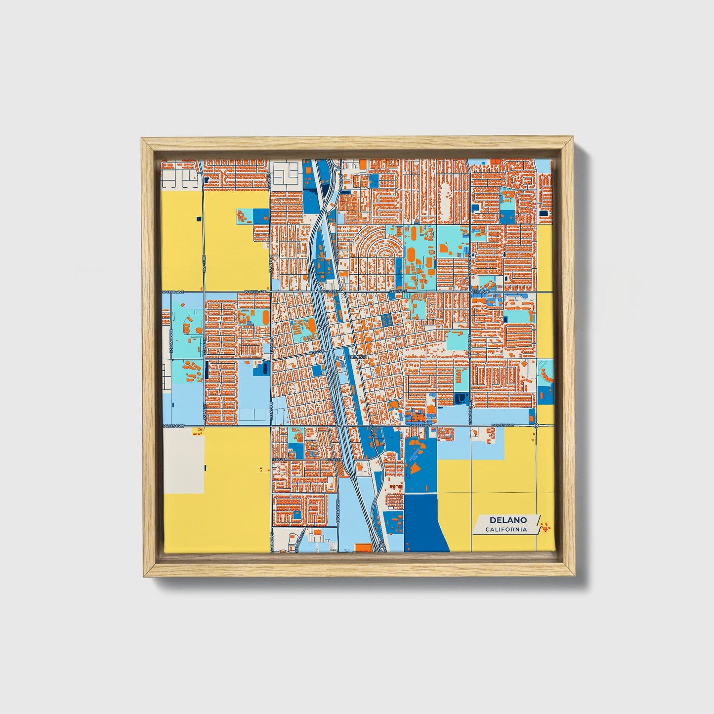 Delano California Colorful City Map Canvas Print • Natural Wooden Framed
