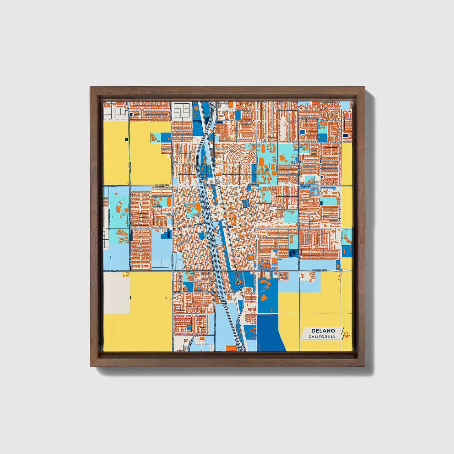 Delano California Colorful City Map Canvas Print • Dark Wooden Framed