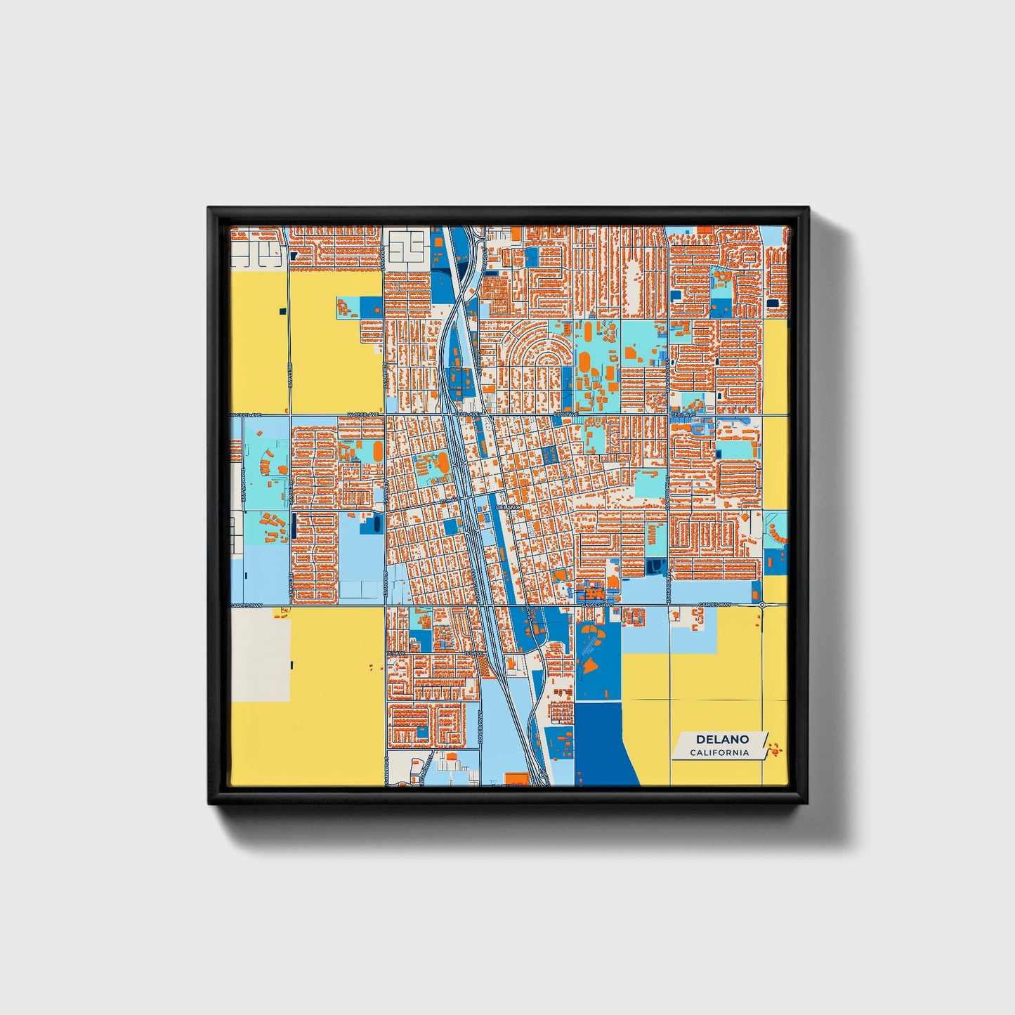 Delano California Colorful City Map Canvas Print • Black Framed