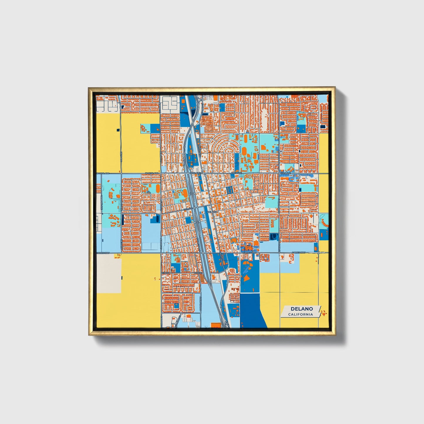 Delano California Colorful City Map Canvas Print • Gold Framed
